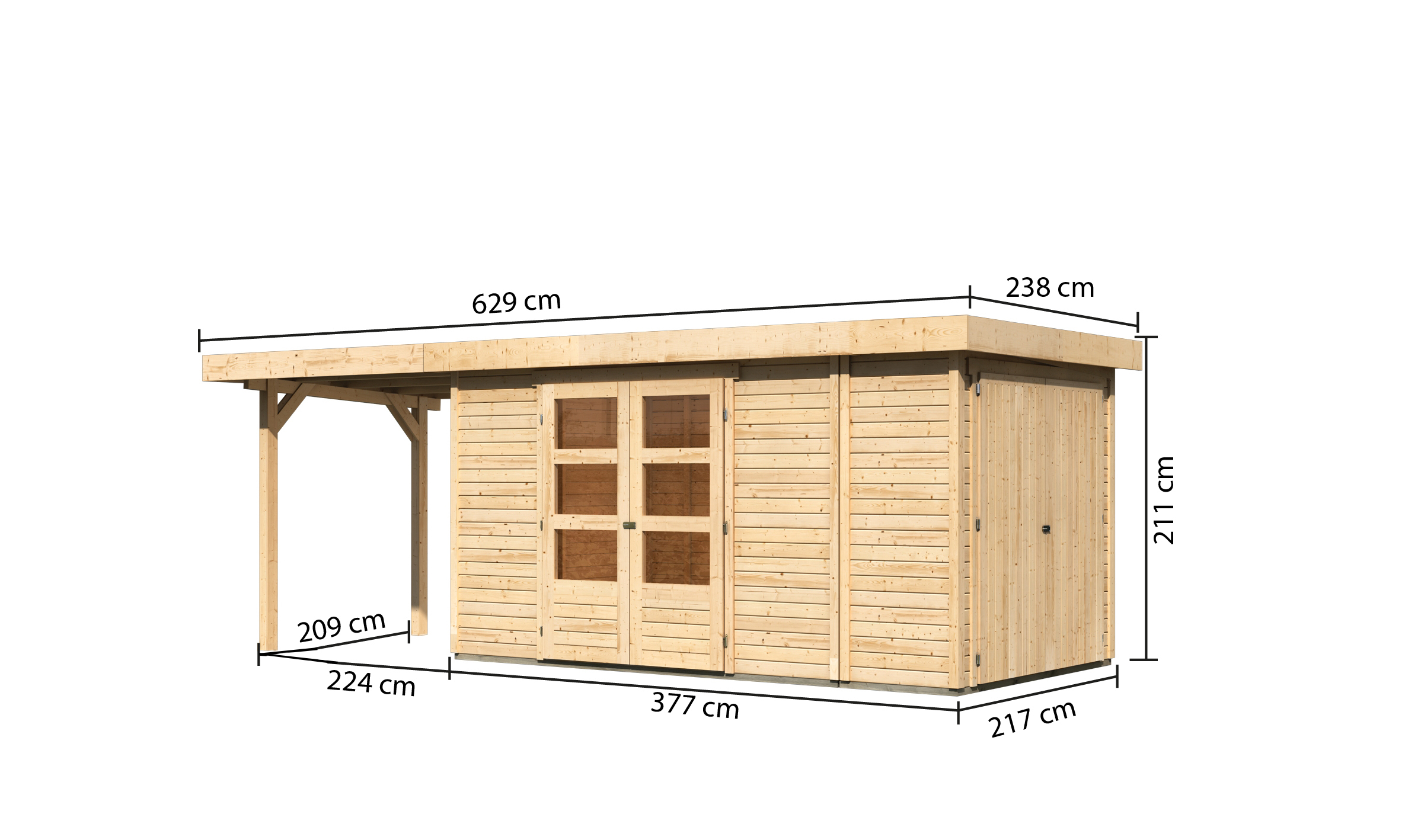 Bemaßte Maßzeichnung des Karibu großes Gerätehaus Retola 5 mit Anbaudach, 629 × 238 cm