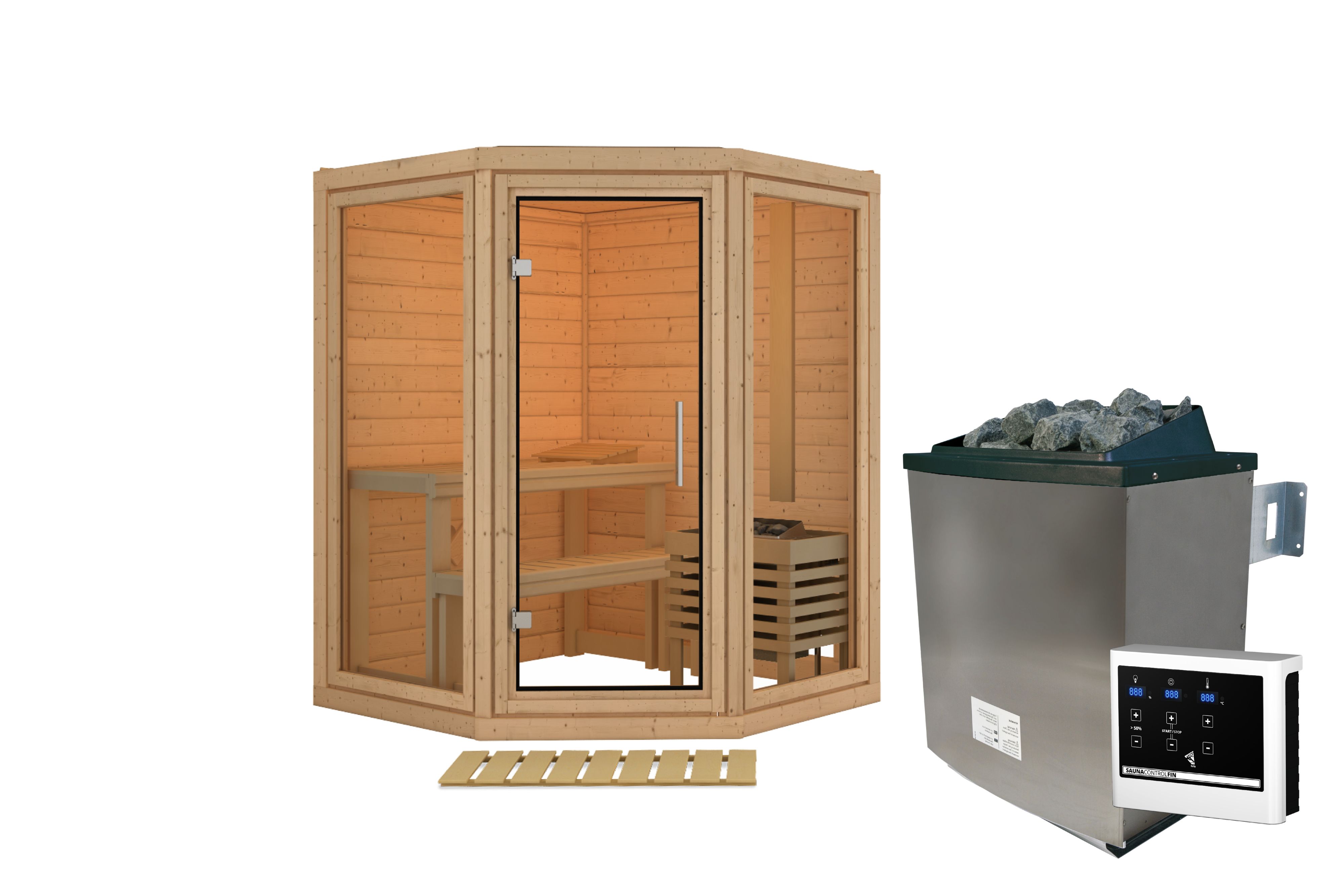 Innenansicht der Karibu Sauna Yuma mit Liegen und Kopfstütze aus hellem Espenholz