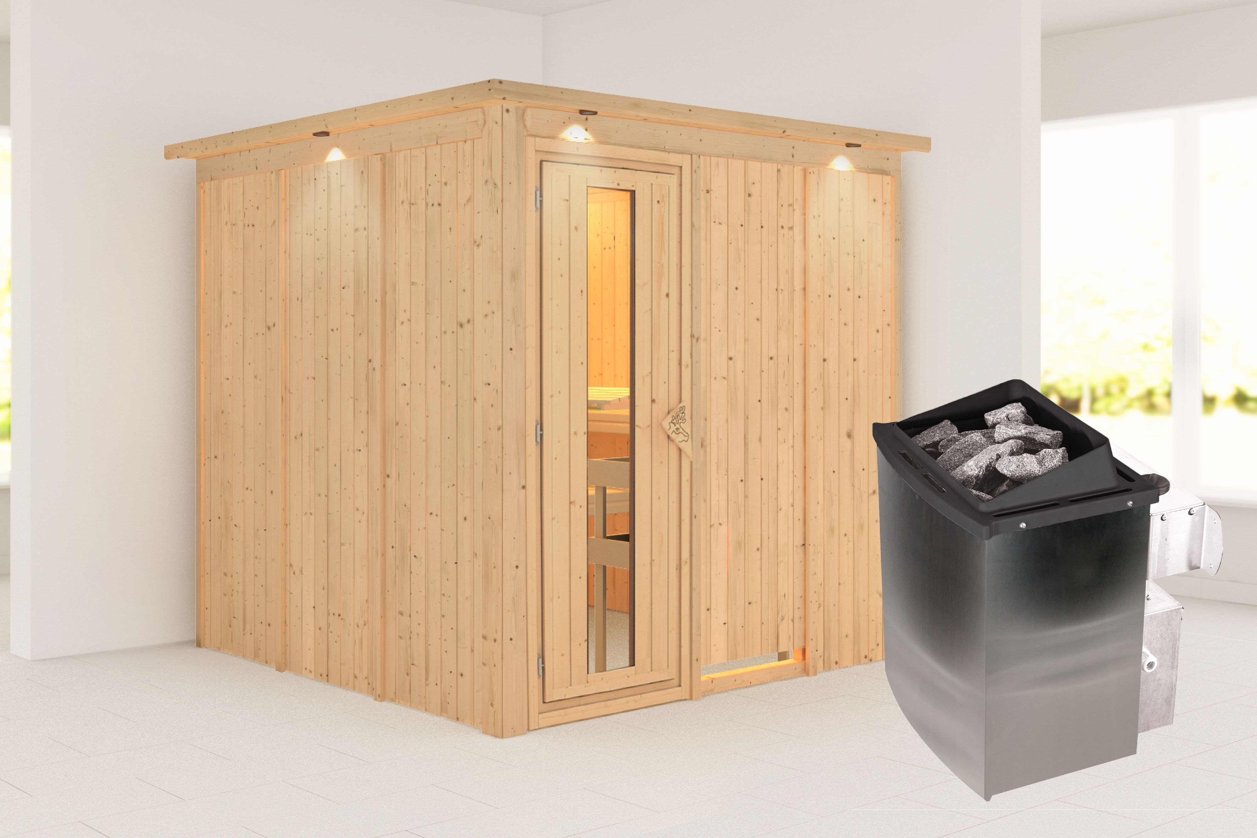 Außenansicht der Karibu Sauna Rodin aus nordischer Fichte mit isolierter Holztür und Fronteinstieg