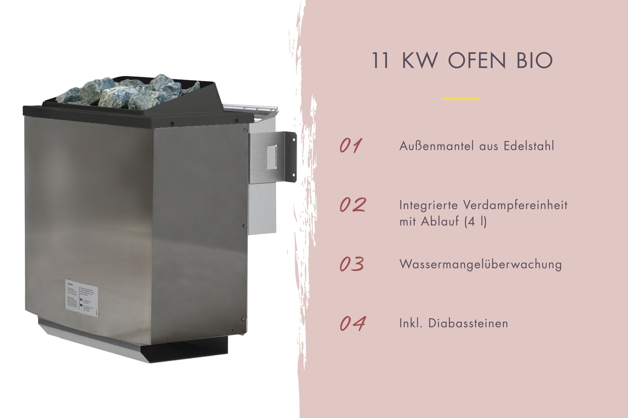 Saunaofen aus Edelstahl inklusive Diabas-Saunasteinen zur Beheizung der Karibu Gartensauna