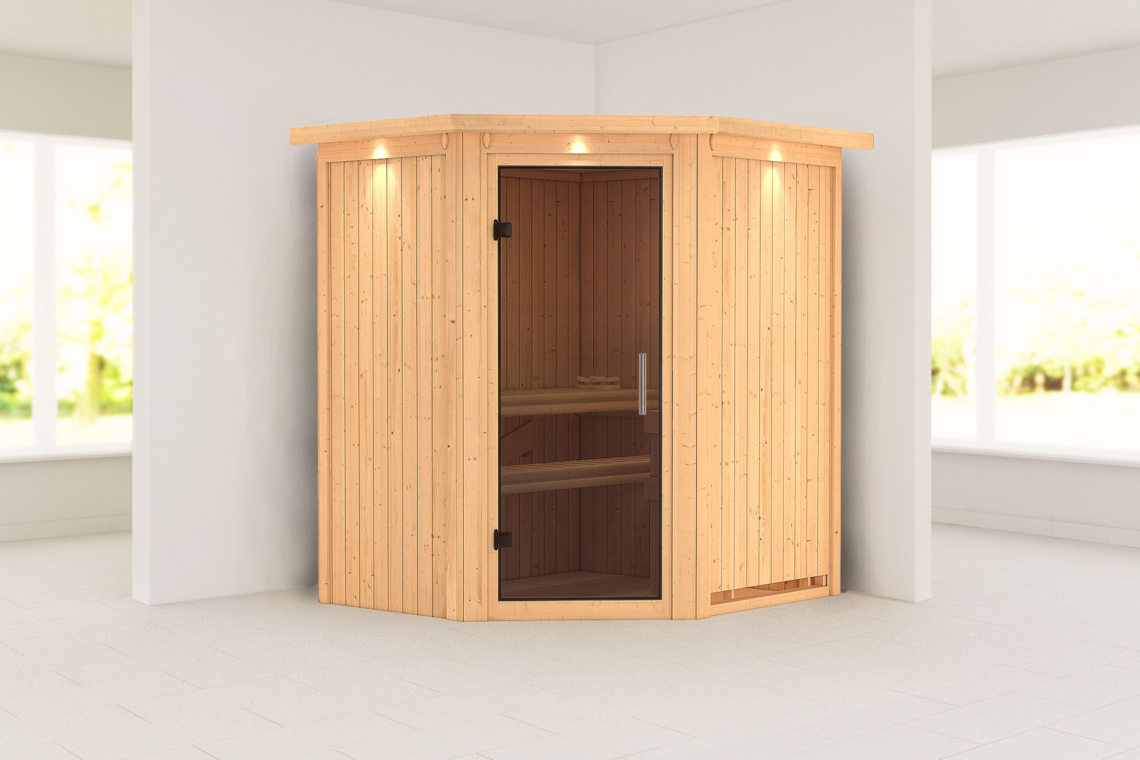 Außenansicht der Karibu Sauna Taurin aus nordischer Fichte mit graphitfarbener Ganzglastür und Fronteinstieg