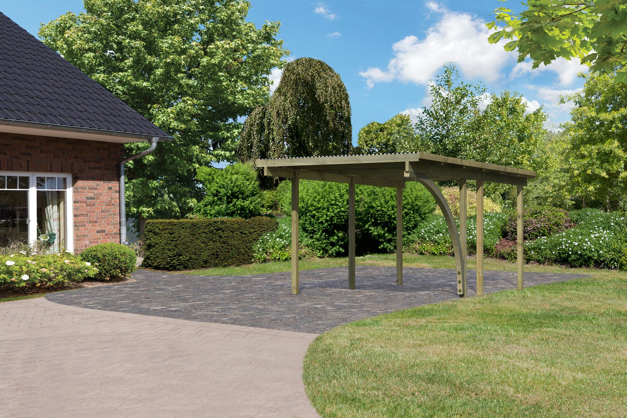 Karibu Einzelcarport BASIC 1 aus KDI-Massivholz mit Flachdach im Garten aufgebaut