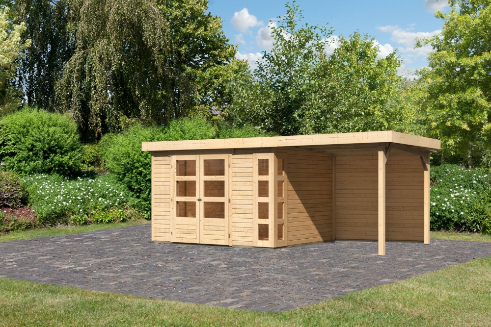 Karibu großes Gerätehaus Kerko 5 in Naturbelassen und Anbaudach
