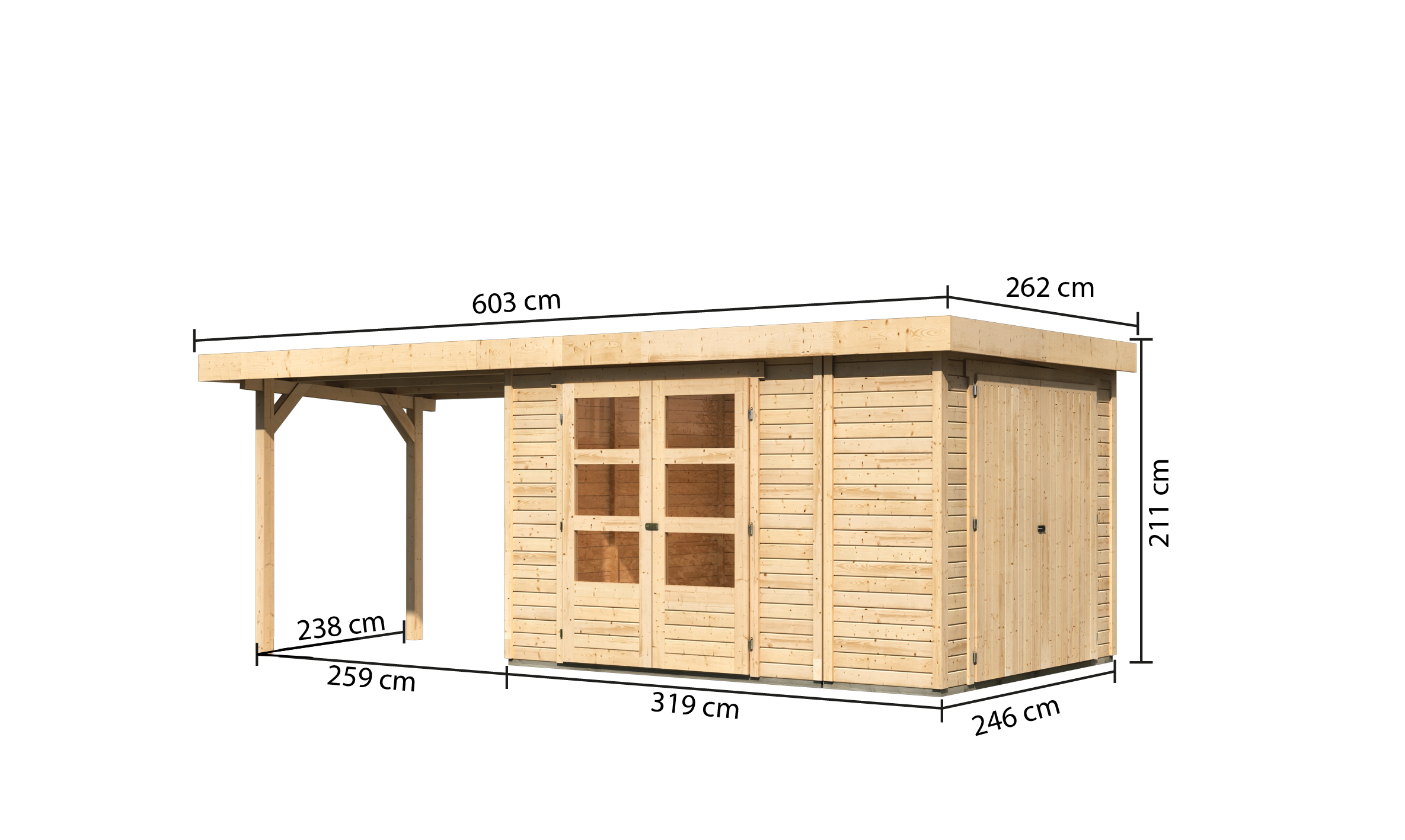 Bemaßte Maßzeichnung des Karibu großes Gerätehaus Retola 4 mit Anbaudach, 604 × 262 cm