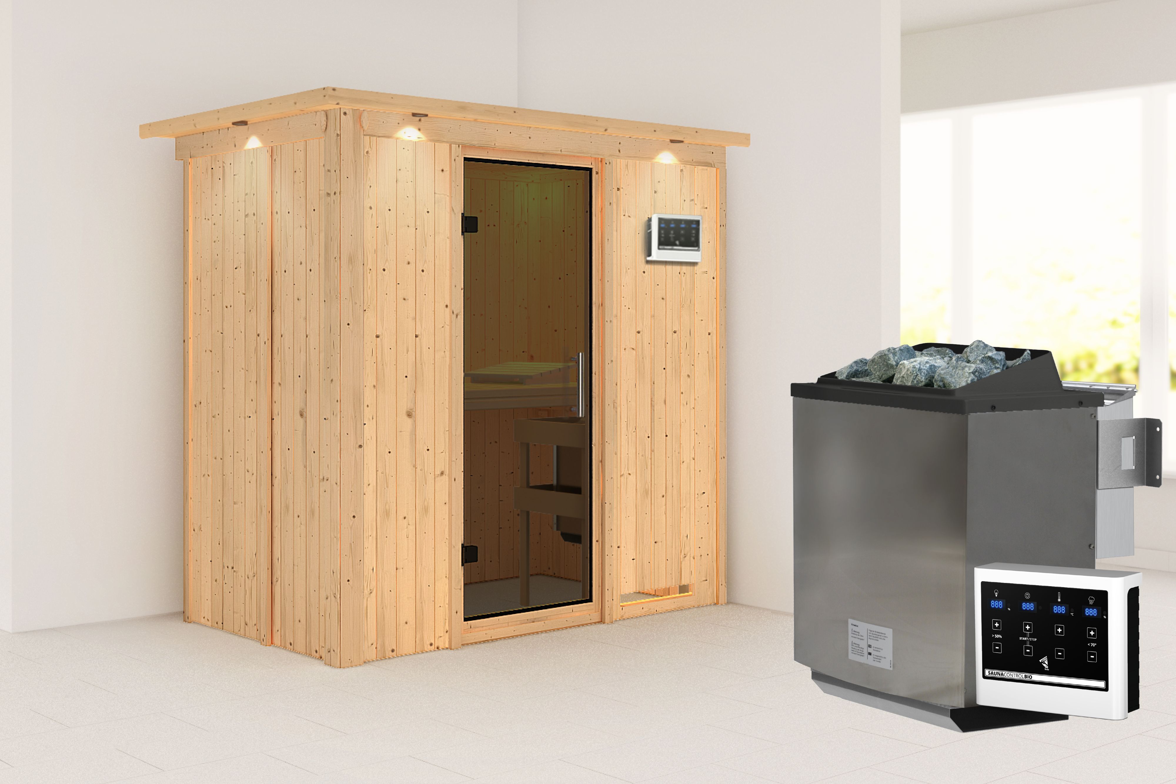 Außenansicht der Karibu Sauna Variado aus nordischer Fichte mit graphitfarbener Ganzglastür und Fronteinstieg