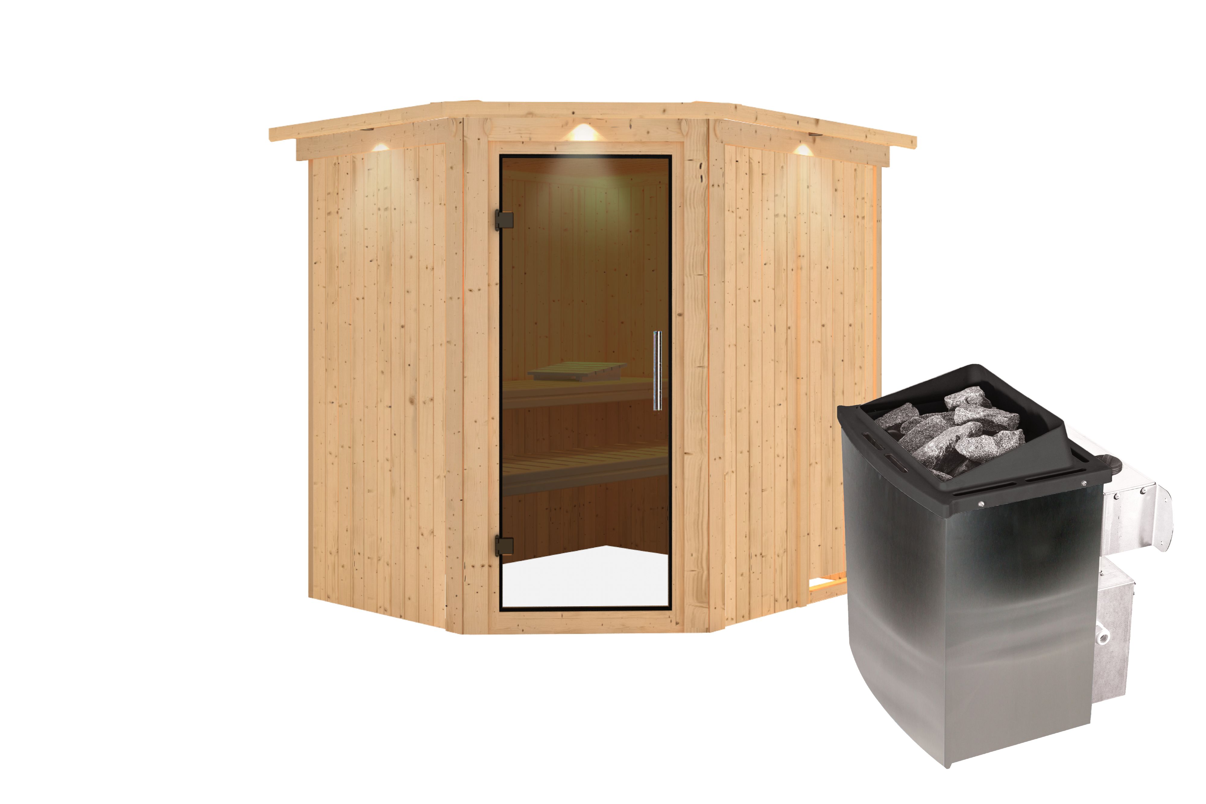 Innenansicht der Karibu Sauna Siirin mit Liegen und Kopfstütze aus hellem Espenholz