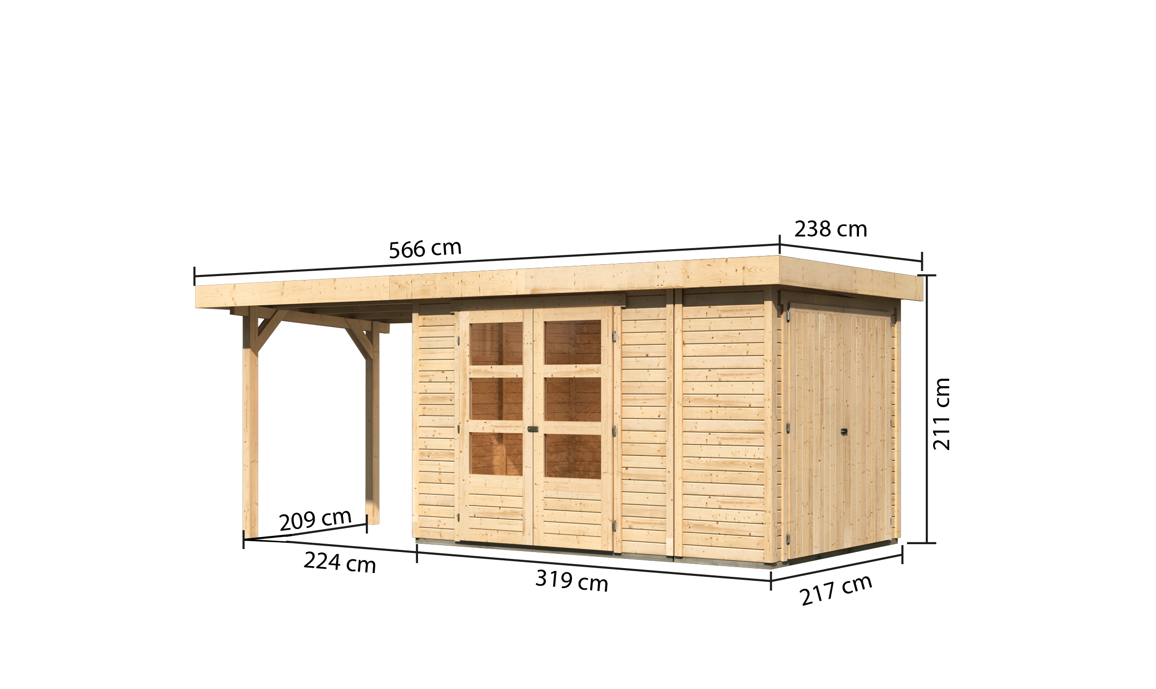 Bemaßte Maßzeichnung des Karibu Gerätehaus Retola 3 mit Anbaudach, 566 × 238 cm