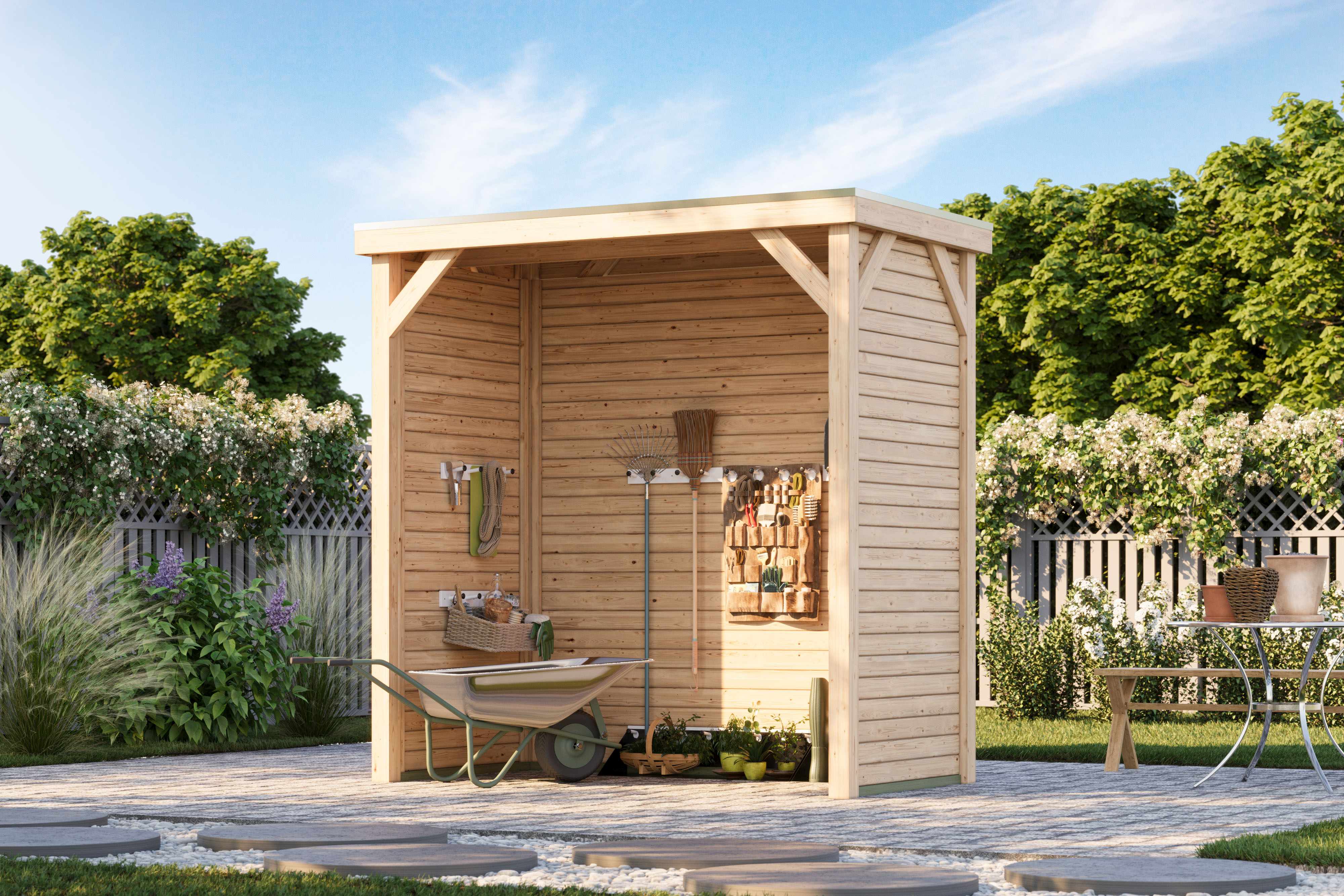 Karibu Grillpavillon aus Leimholz mit Flachdach im Garten als stimmungsvolle Ambiente-Ansicht