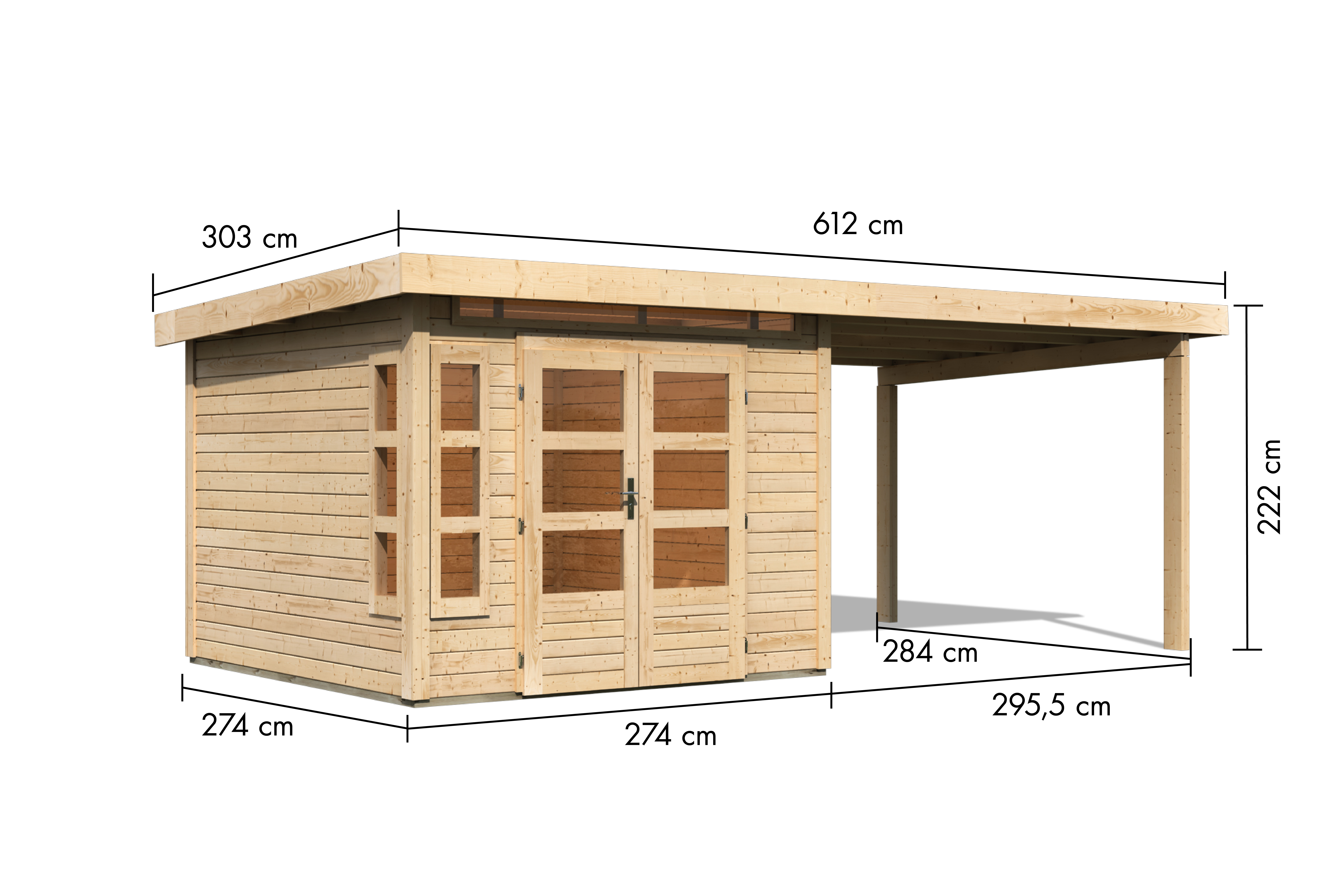 Bemaßte Maßzeichnung des Karibu Gartenhaus Kastorf 6 mit Anbaudach, 612 × 303 cm