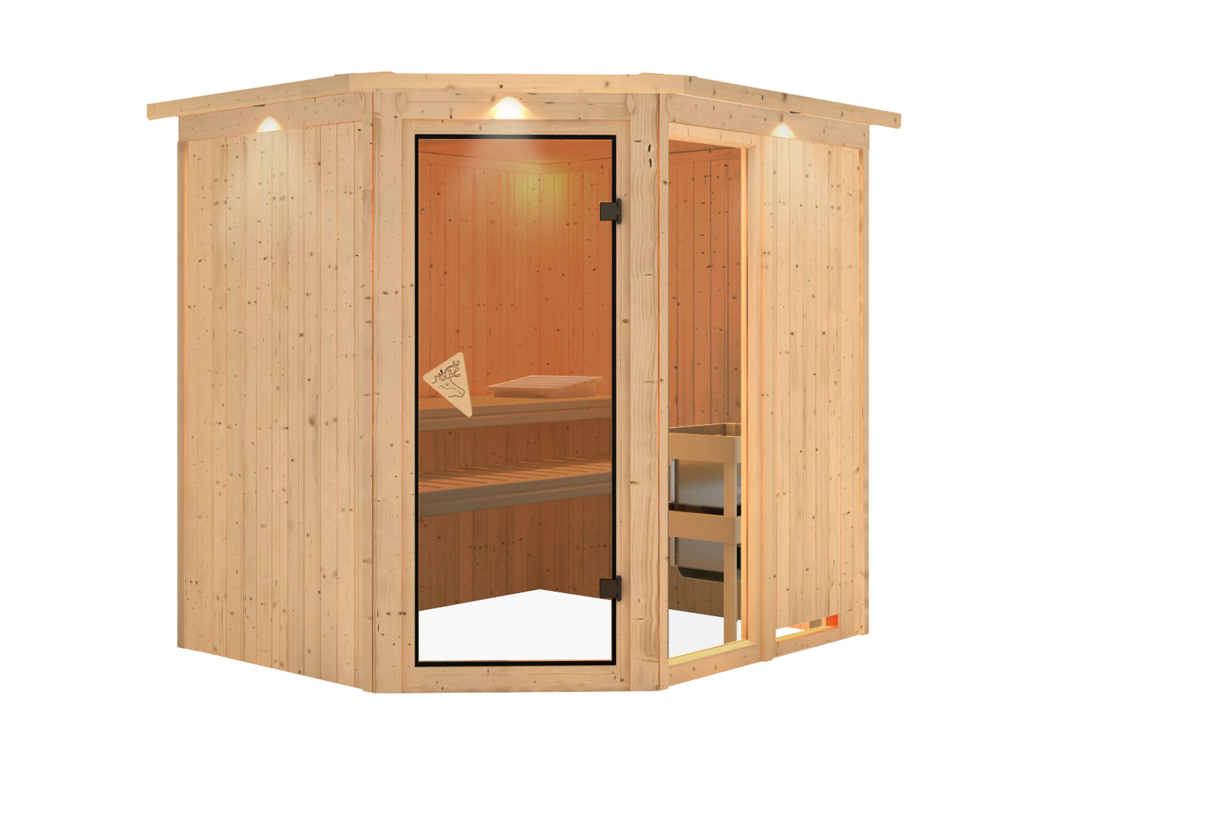 Innenansicht der Karibu Sauna Fiona 2 mit Liegen und Kopfstütze aus hellem Espenholz