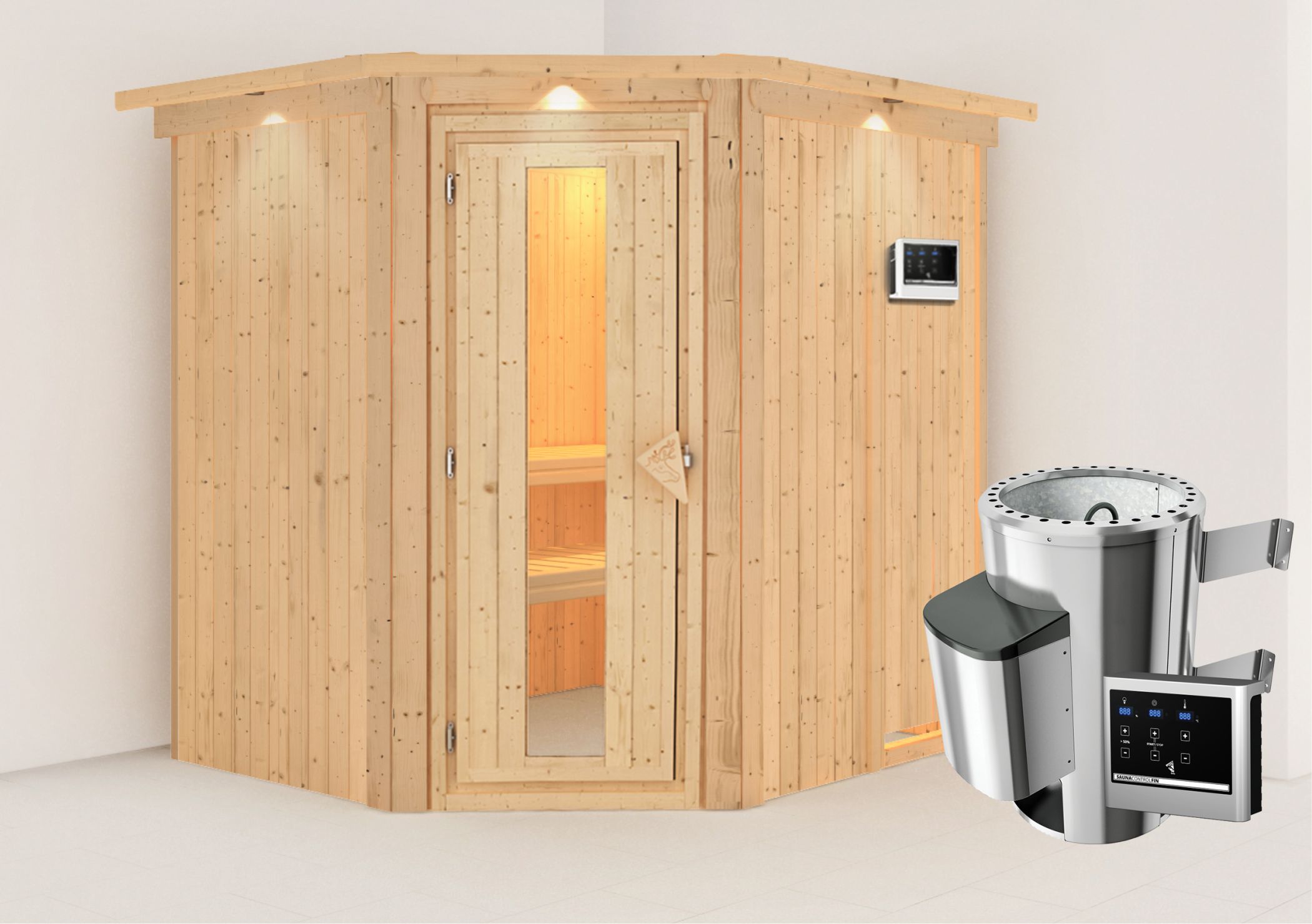 Außenansicht der Karibu Sauna Lilja aus nordischer Fichte mit isolierter Holztür und Fronteinstieg