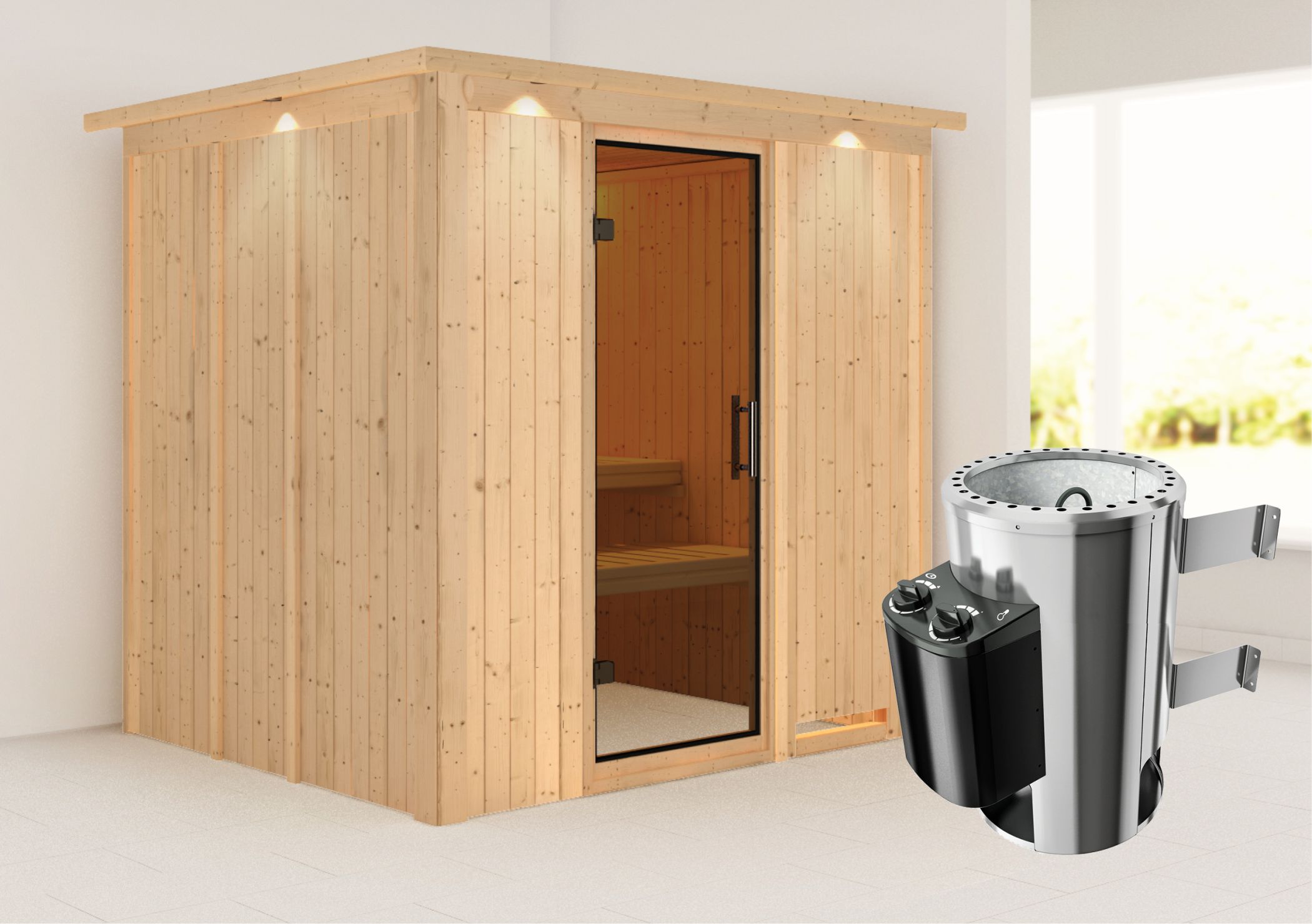 Außenansicht der Karibu Sauna Daria aus nordischer Fichte mit graphitfarbener Ganzglastür und Fronteinstieg