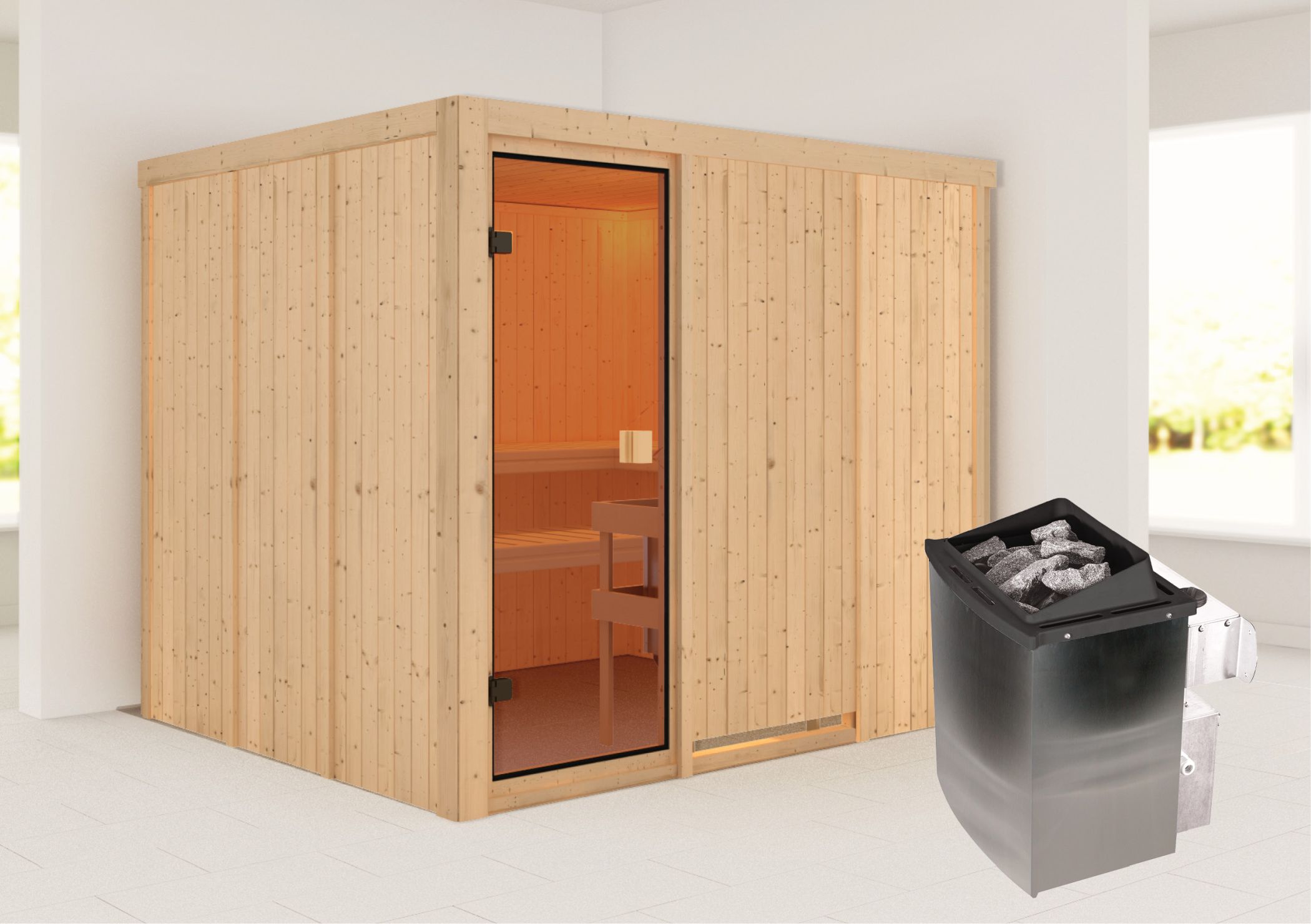 Außenansicht der Karibu Sauna Nybro aus nordischer Fichte mit Ganzglastür und Fronteinstieg