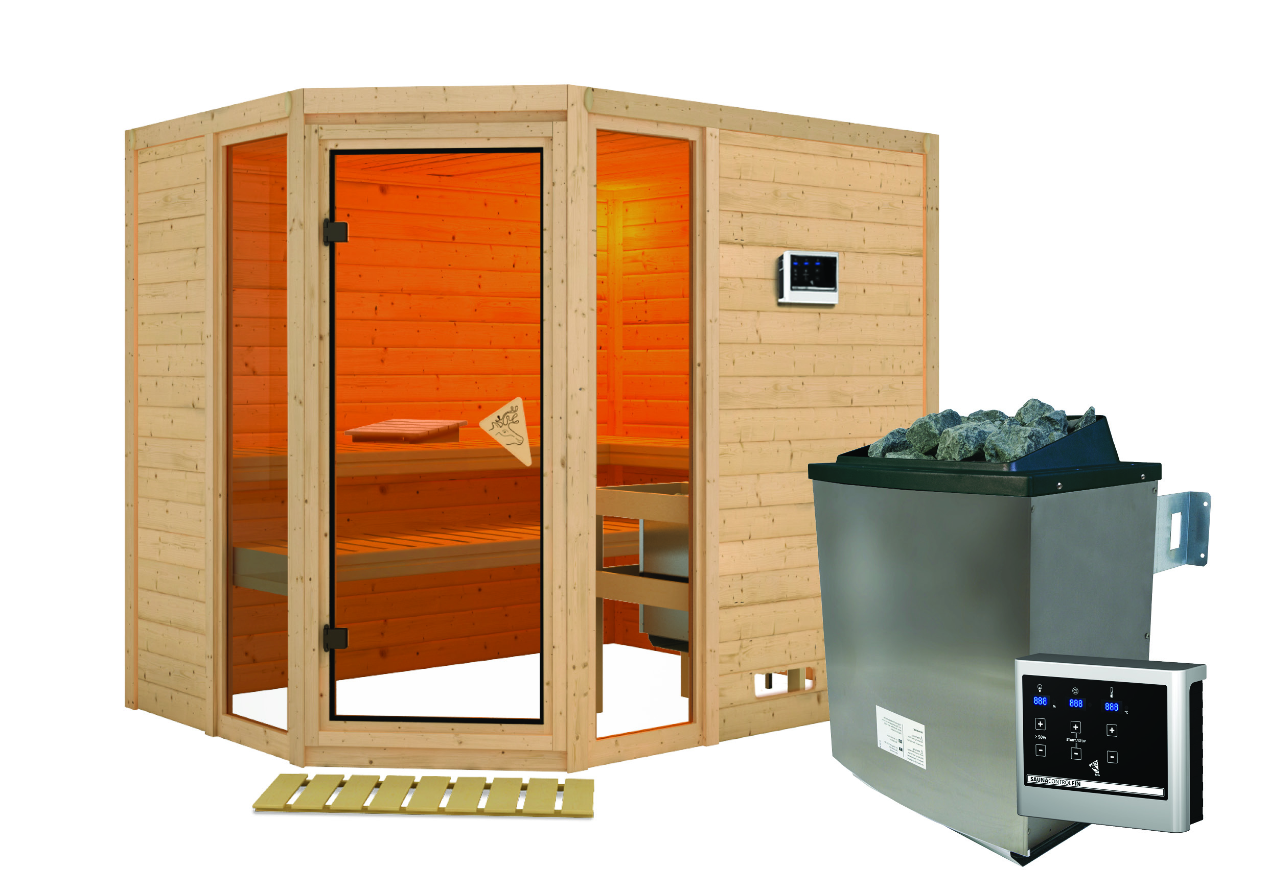 Innenansicht der Karibu Sauna Gateway mit Liegen und Kopfstütze aus hellem Espenholz