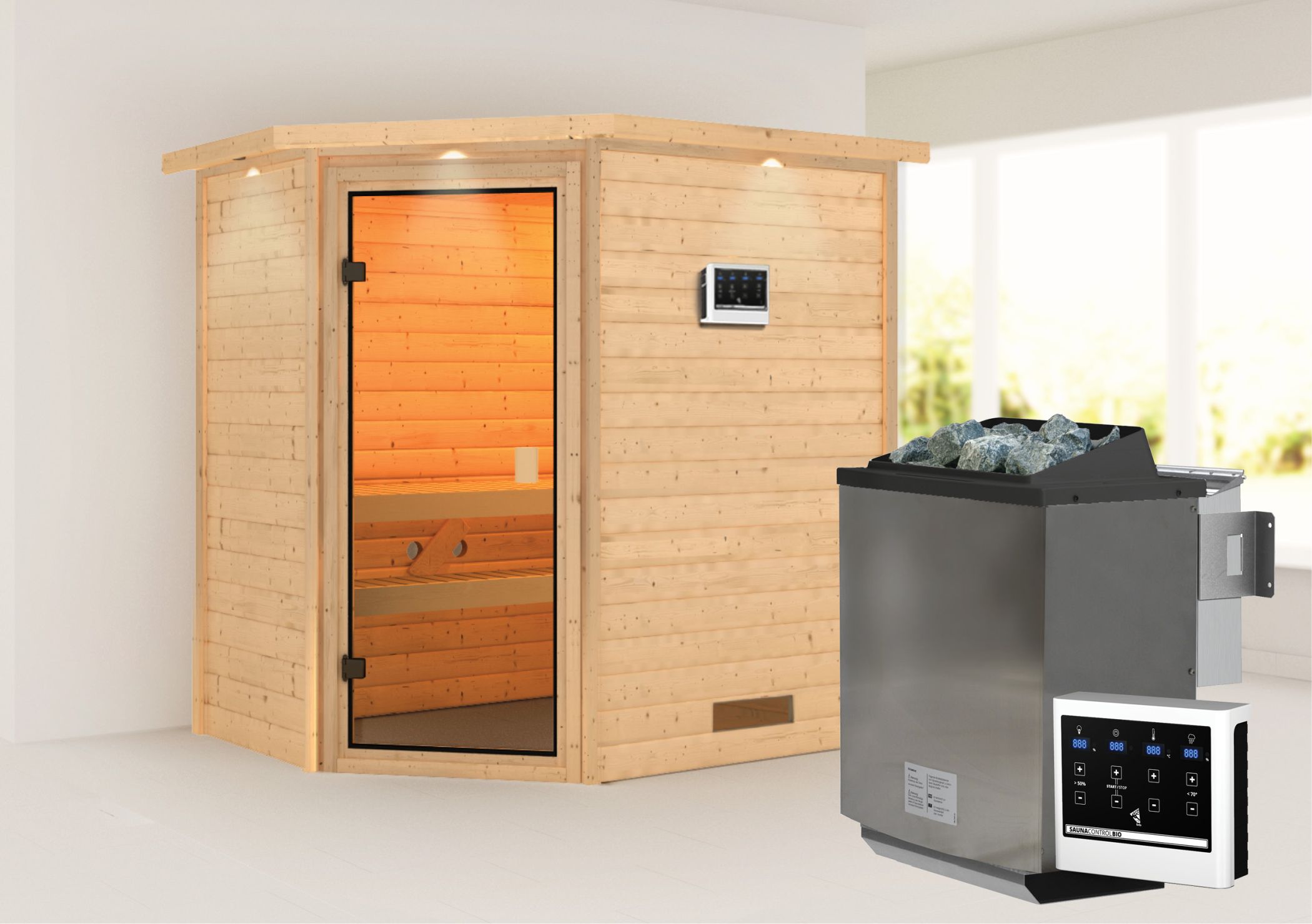 Außenansicht der Karibu Sauna Jella aus nordischer Fichte mit Ganzglastür und Fronteinstieg