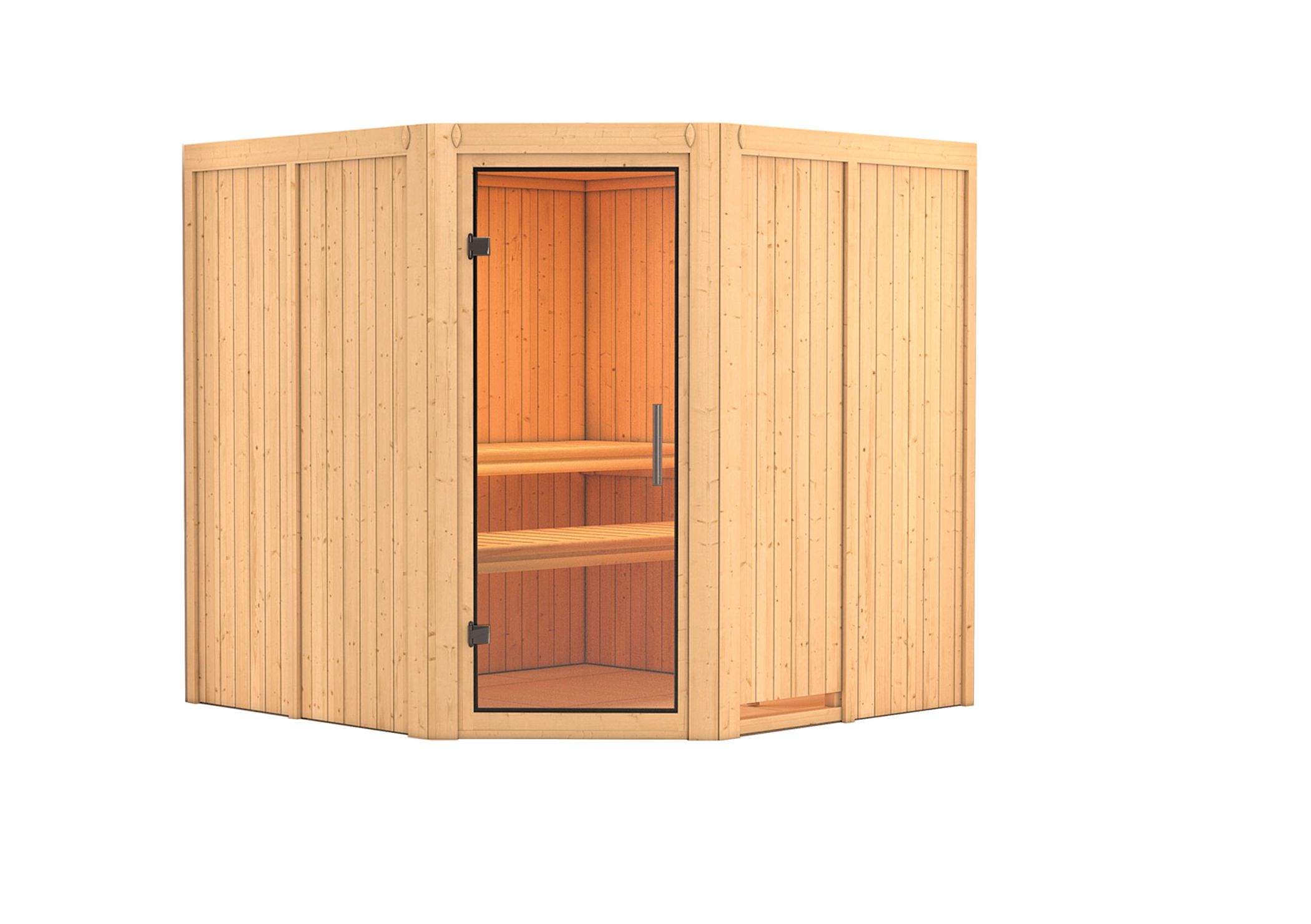 Innenansicht der Karibu Sauna Jarin mit Liegen und Kopfstütze aus hellem Espenholz
