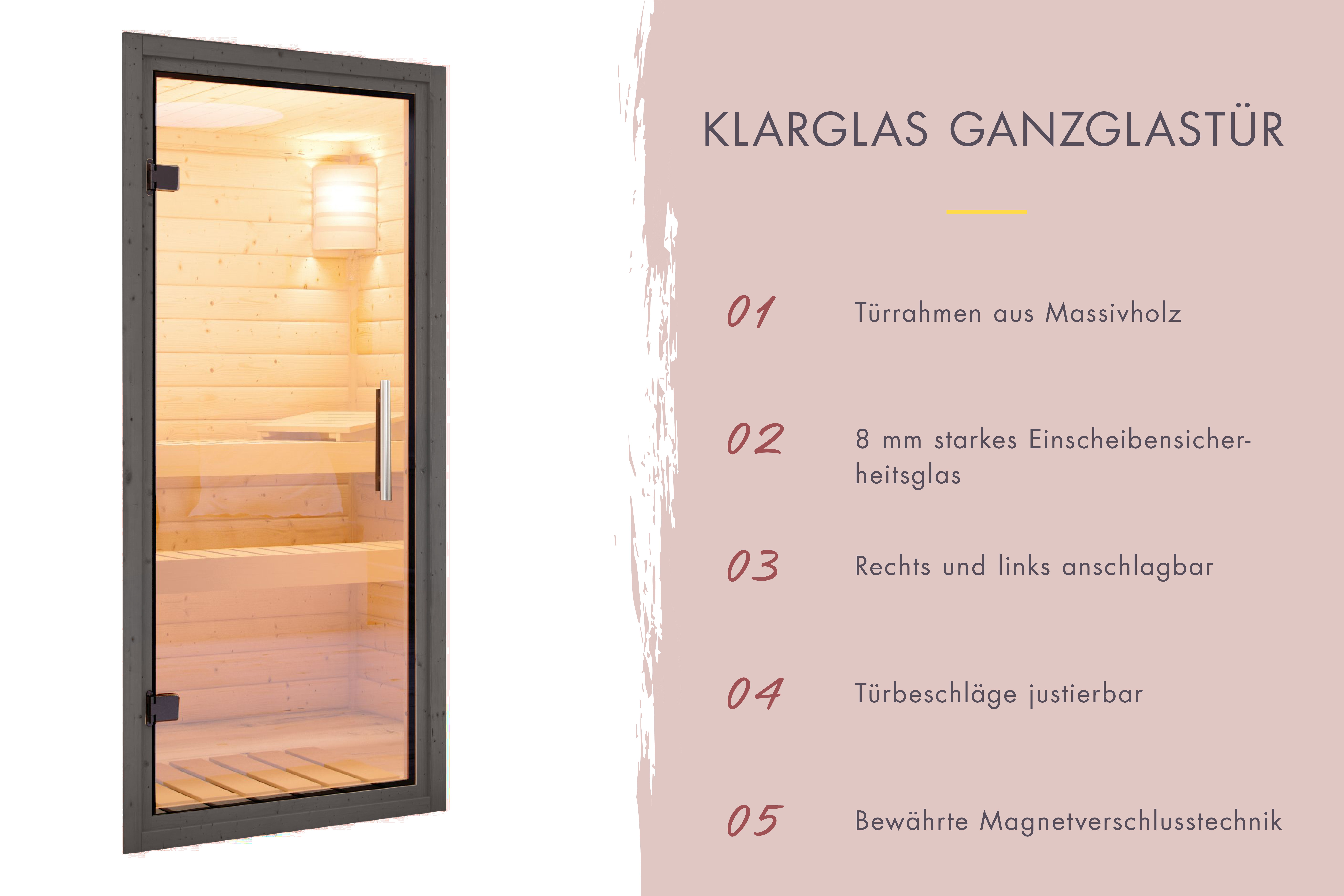 Klarglas-Ganzglastür aus 8 mm Einscheibensicherheitsglas mit Edelstahlgriff und Massivholzrahmen