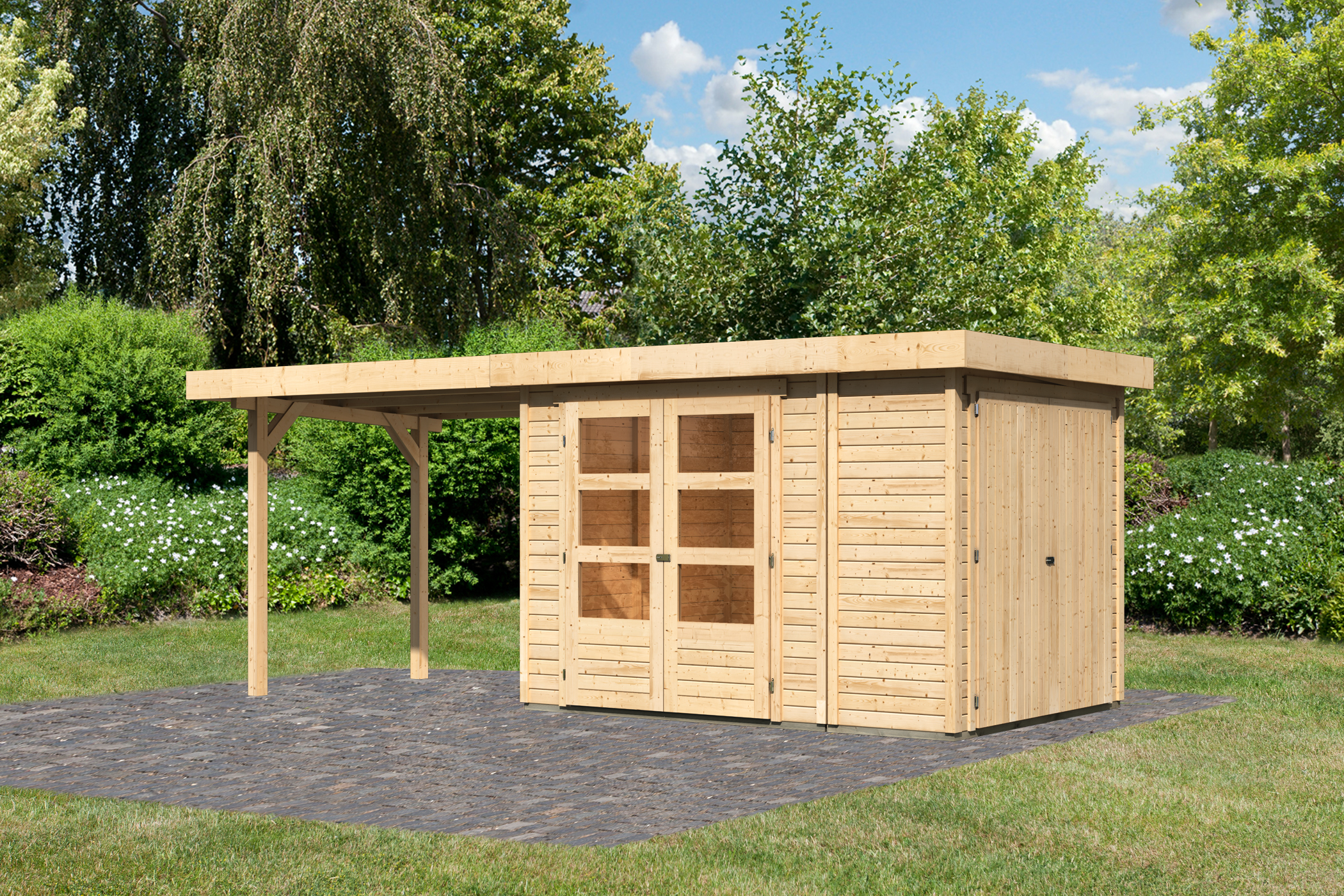 Karibu Gerätehaus Retola 2 in Naturbelassen und Anbaudach, Außenansicht