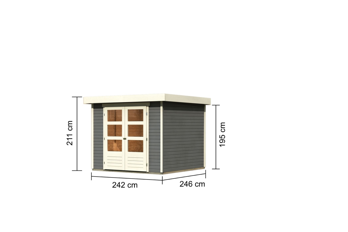 Bemaßte Maßzeichnung des Karibu Gerätehaus Askola 3,5, 242 × 246 cm