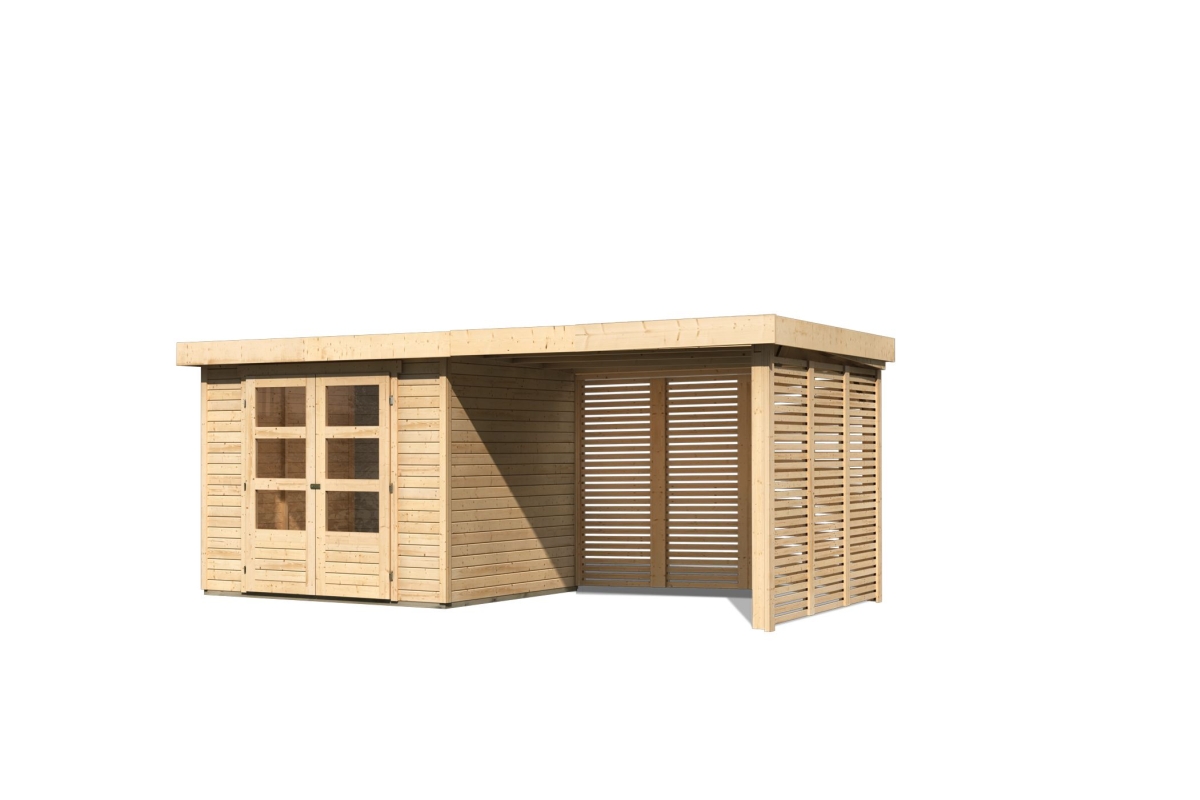 Karibu Gerätehaus Askola 3 in Naturbelassen und Anbaudach, Freisteller