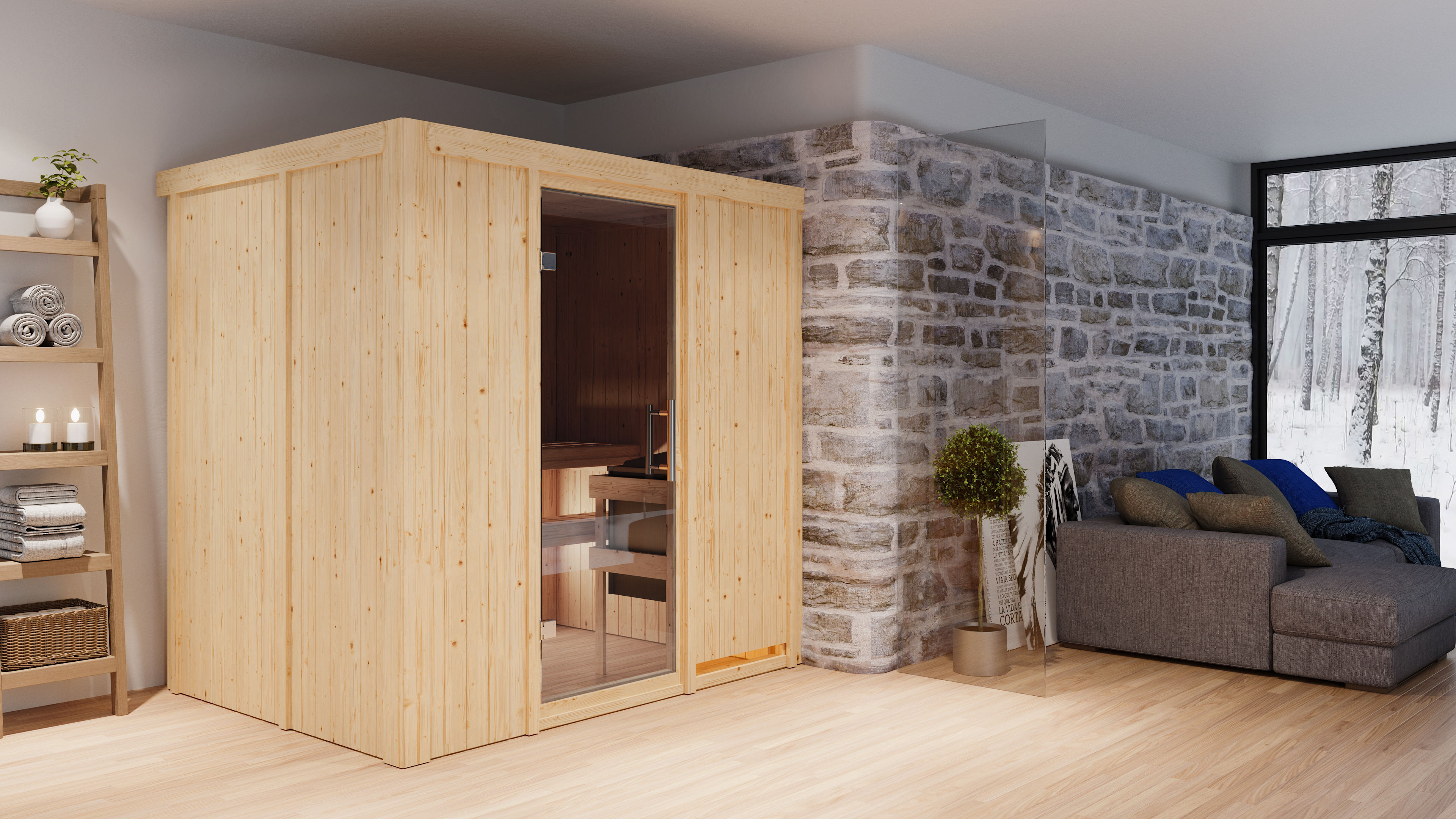Karibu Sauna Bodin als stimmungsvoller Wellnessbereich in einem modern eingerichteten Wohnraum