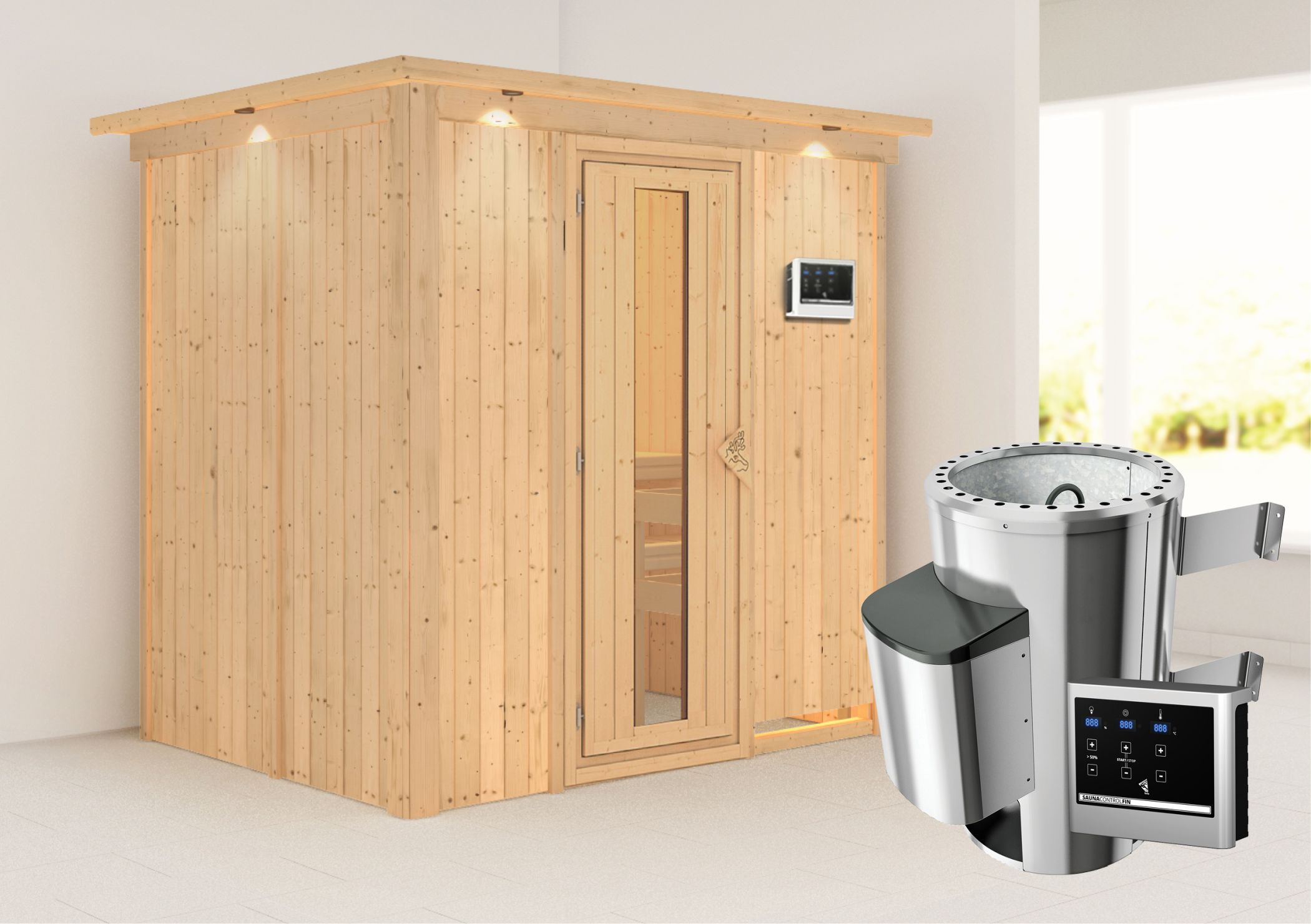 Außenansicht der Karibu Sauna Fanja aus nordischer Fichte mit isolierter Holztür und Fronteinstieg