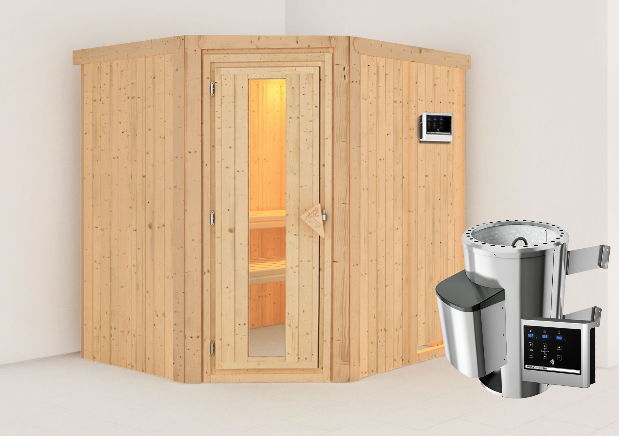 Außenansicht der Karibu Sauna Lilja aus nordischer Fichte mit isolierter Holztür und Fronteinstieg