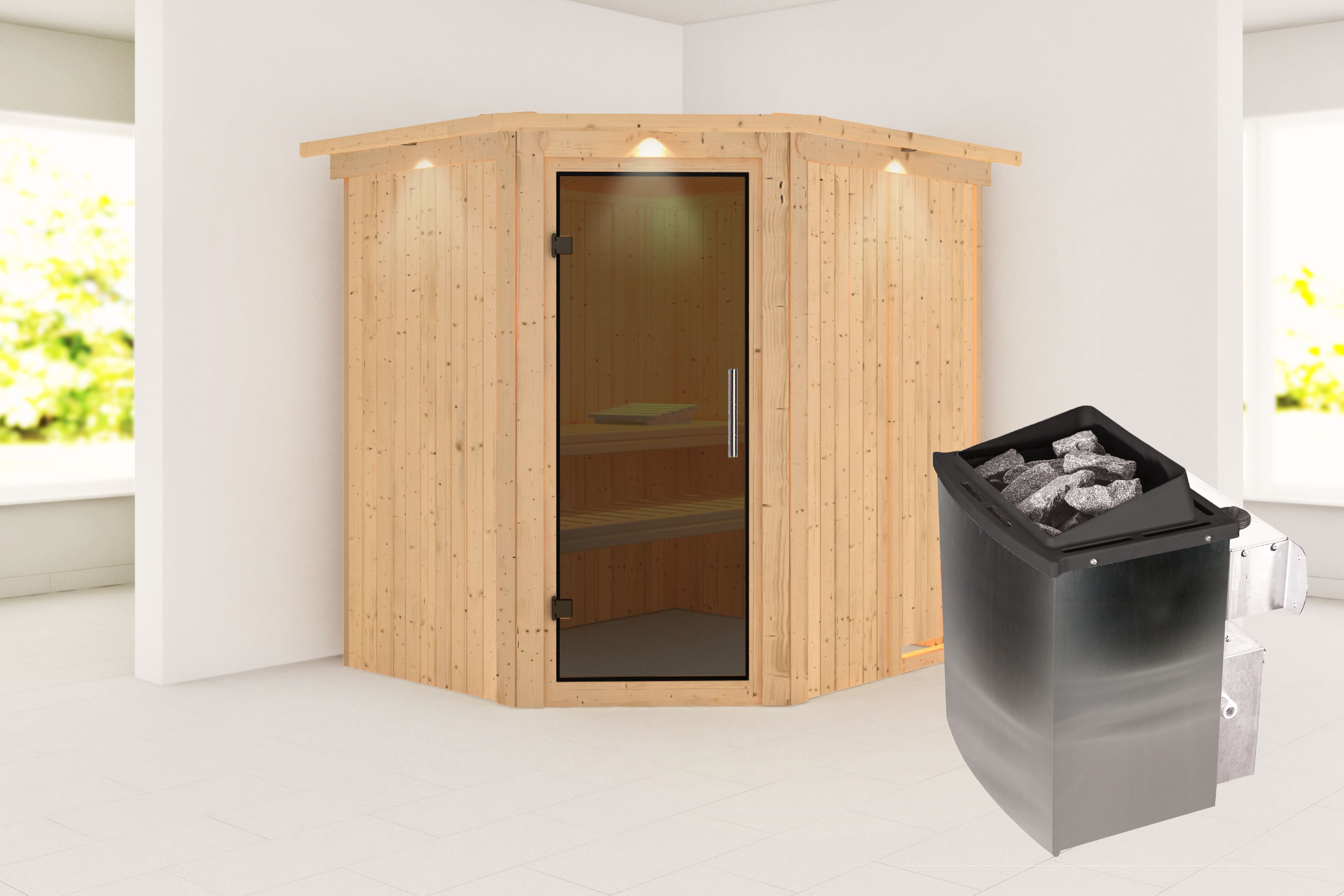 Außenansicht der Karibu Sauna Siirin aus nordischer Fichte mit graphitfarbener Ganzglastür und Fronteinstieg