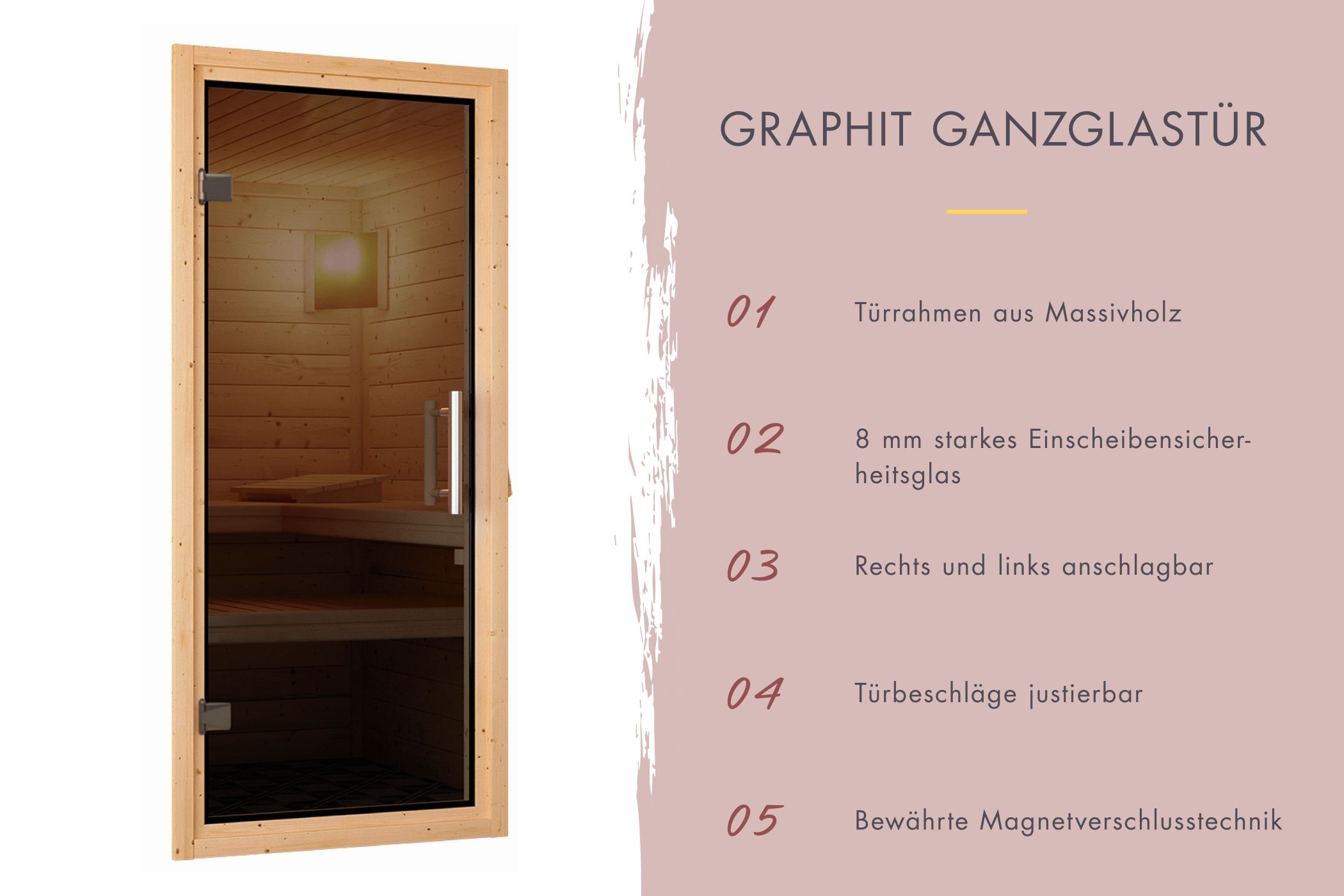 Graphit getönte Ganzglastür aus 8 mm Sicherheitsglas mit Massivholzrahmen für Karibu Saunen