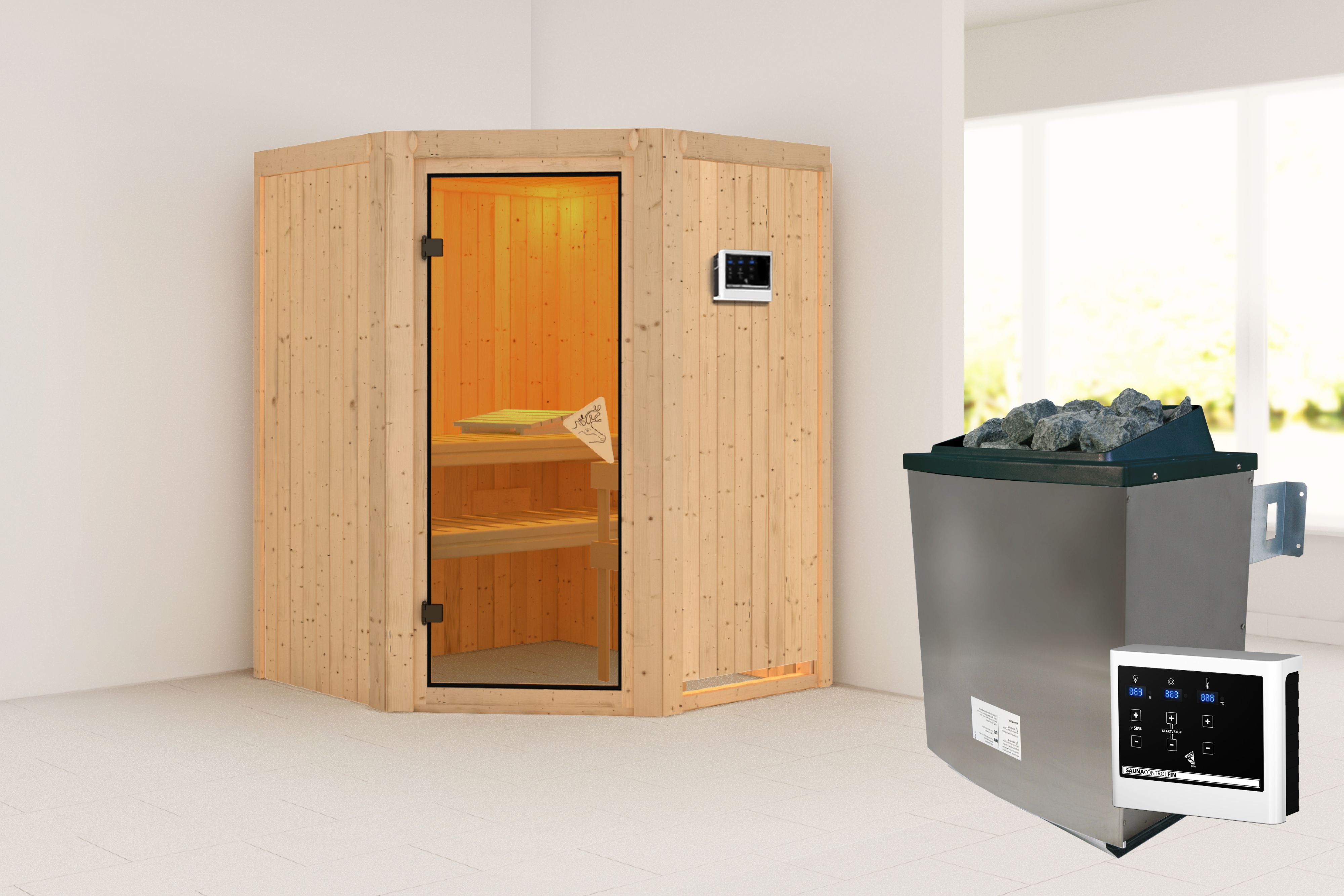Außenansicht der Karibu Sauna Larin aus nordischer Fichte mit bronzierter Ganzglastür und Fronteinstieg