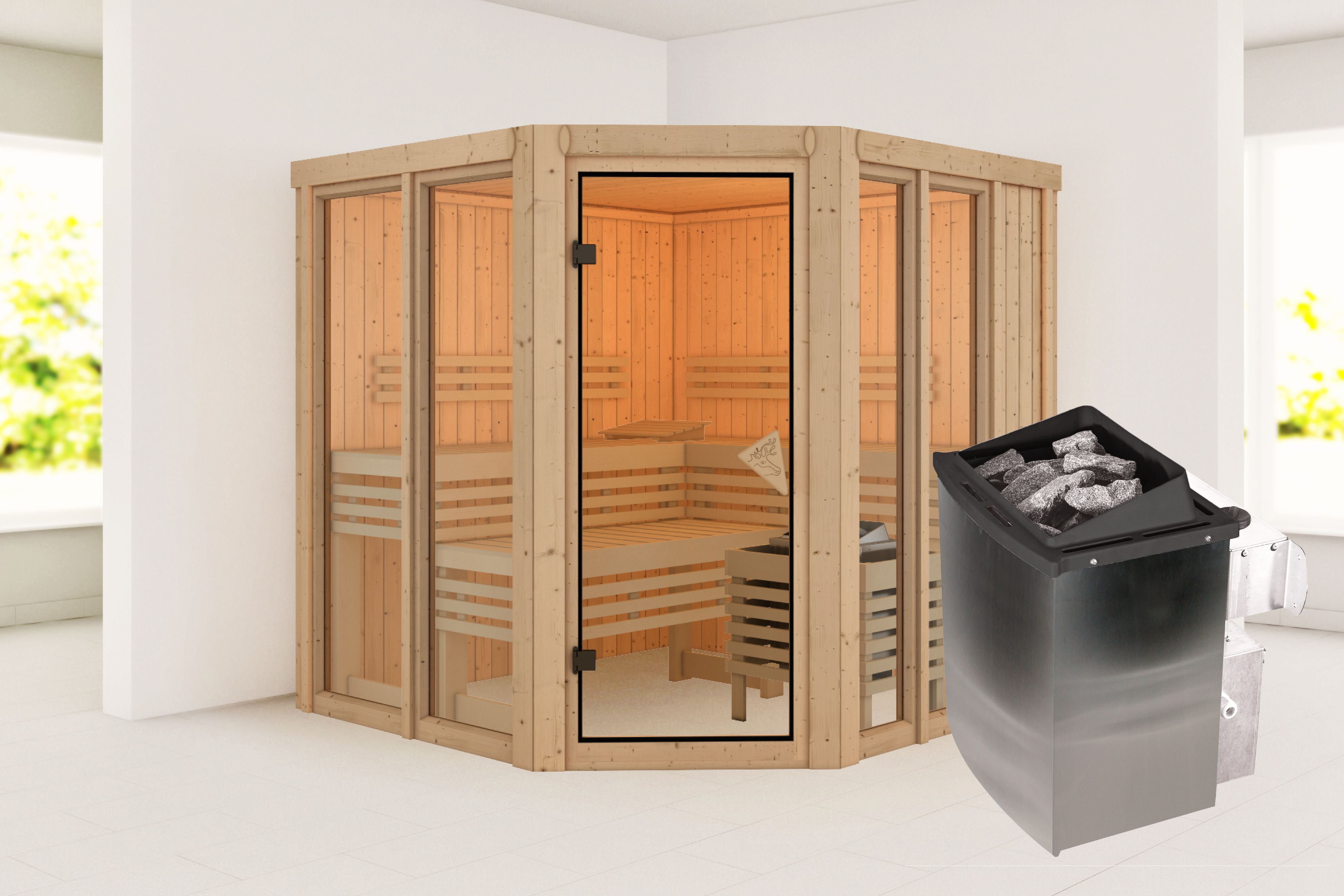 Außenansicht der Karibu Sauna Airi aus nordischer Fichte mit Ganzglastür und Fronteinstieg