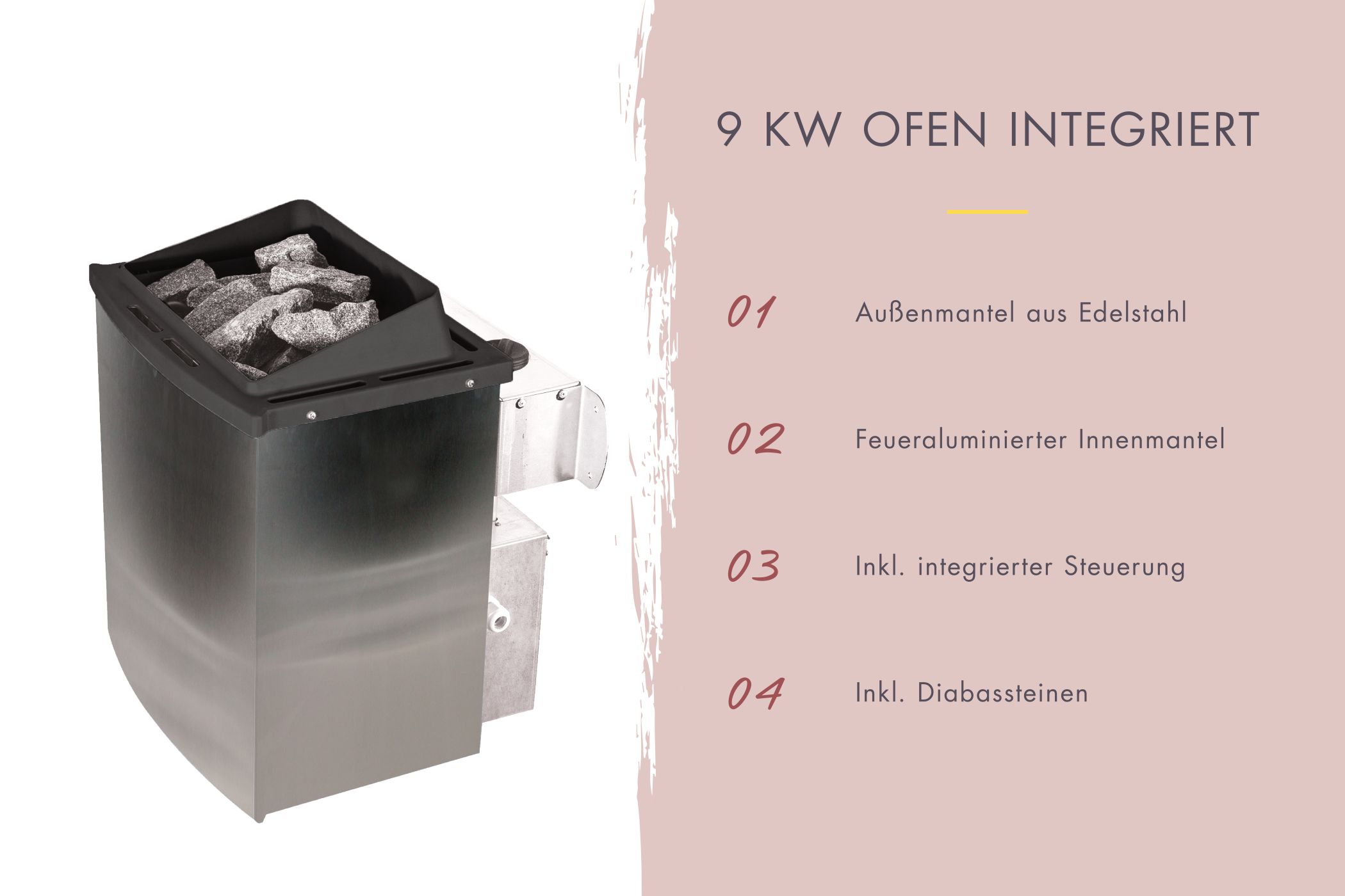 Finnischer Saunaofen mit 9 kW und Edelstahlmantel inklusive Diabas-Saunasteinen für Karibu Saunen