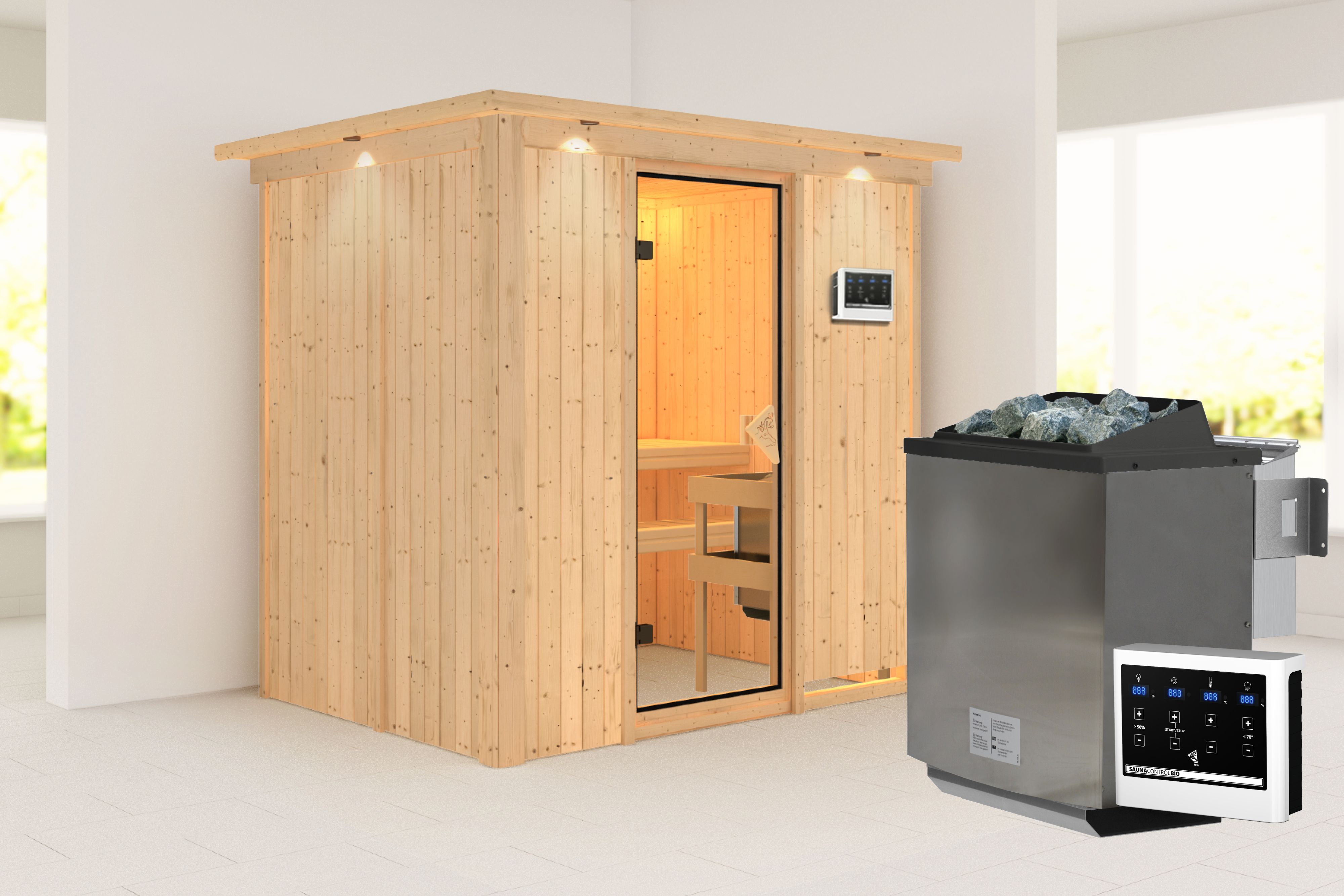 Außenansicht der Karibu Sauna Bodin aus nordischer Fichte mit bronzierter Ganzglastür und Fronteinstieg