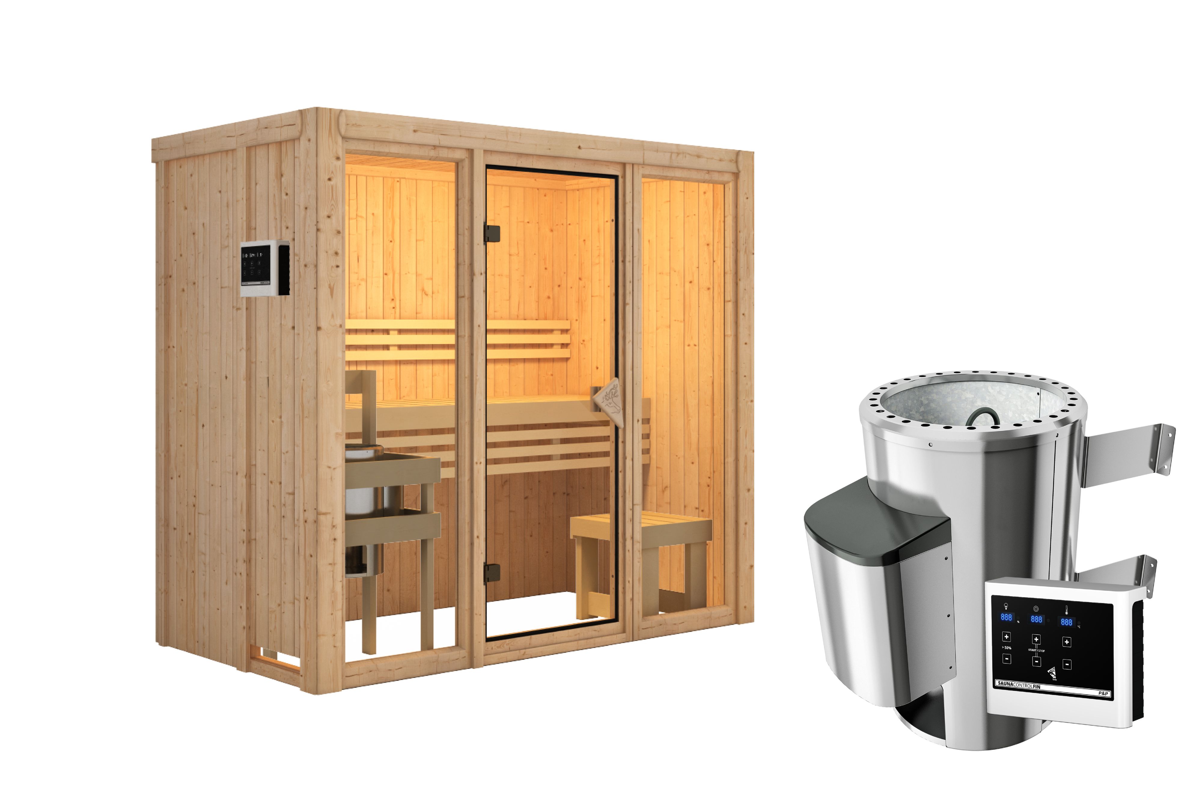 Innenansicht der Karibu Sauna Avari 2 mit Liegen und Kopfstütze aus hellem Espenholz