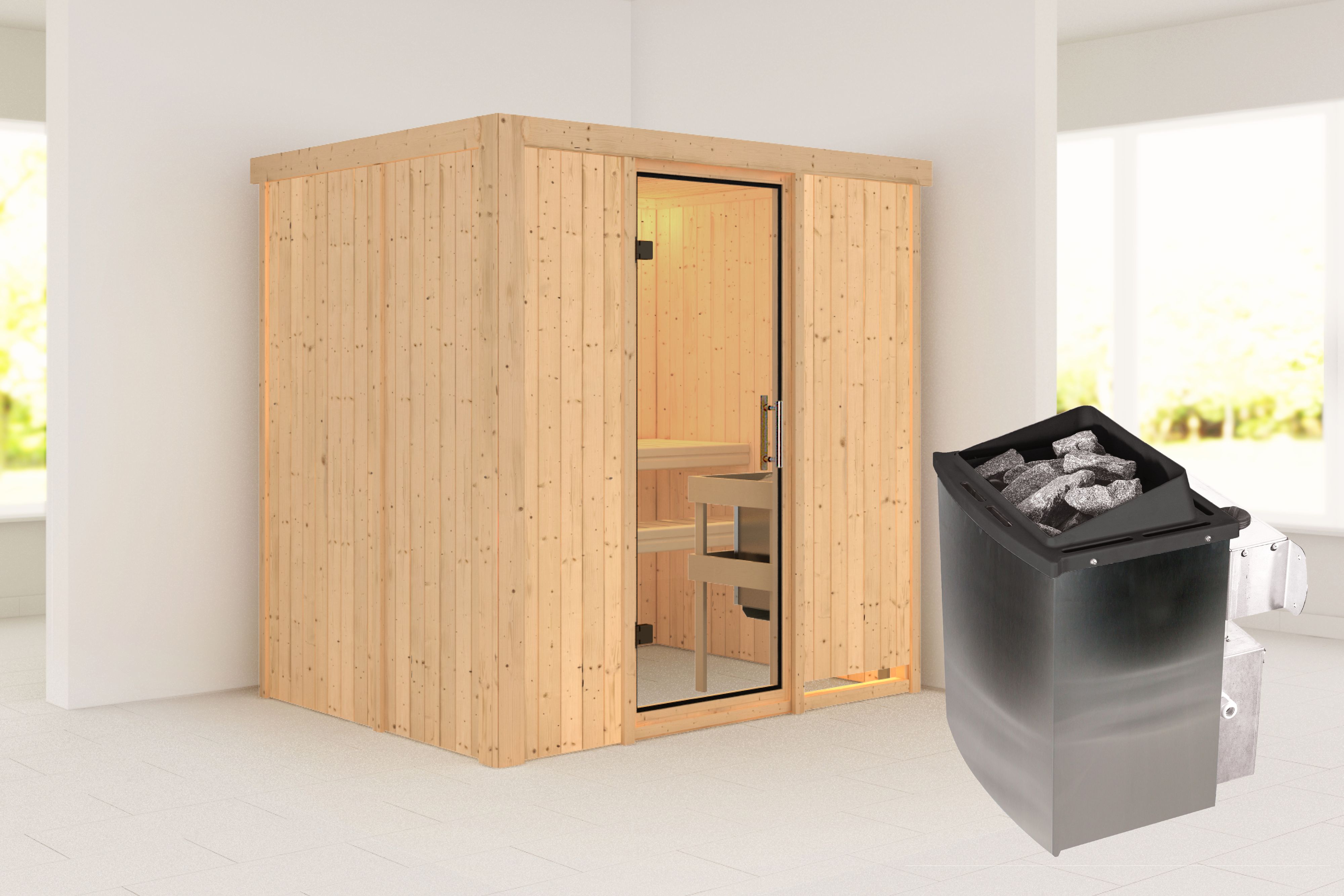Außenansicht der Karibu Sauna Bodin aus nordischer Fichte mit Klarglas-Ganzglastür und Fronteinstieg