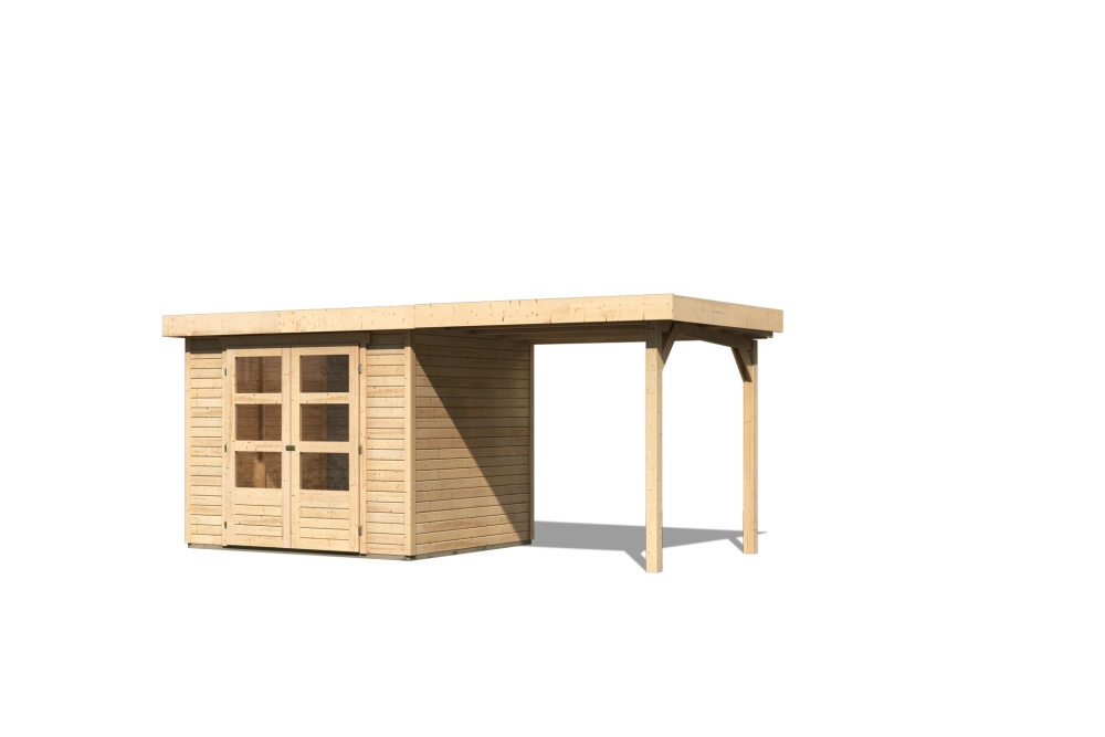 Karibu Gerätehaus Askola 3 in Naturbelassen und Anbaudach, Freisteller