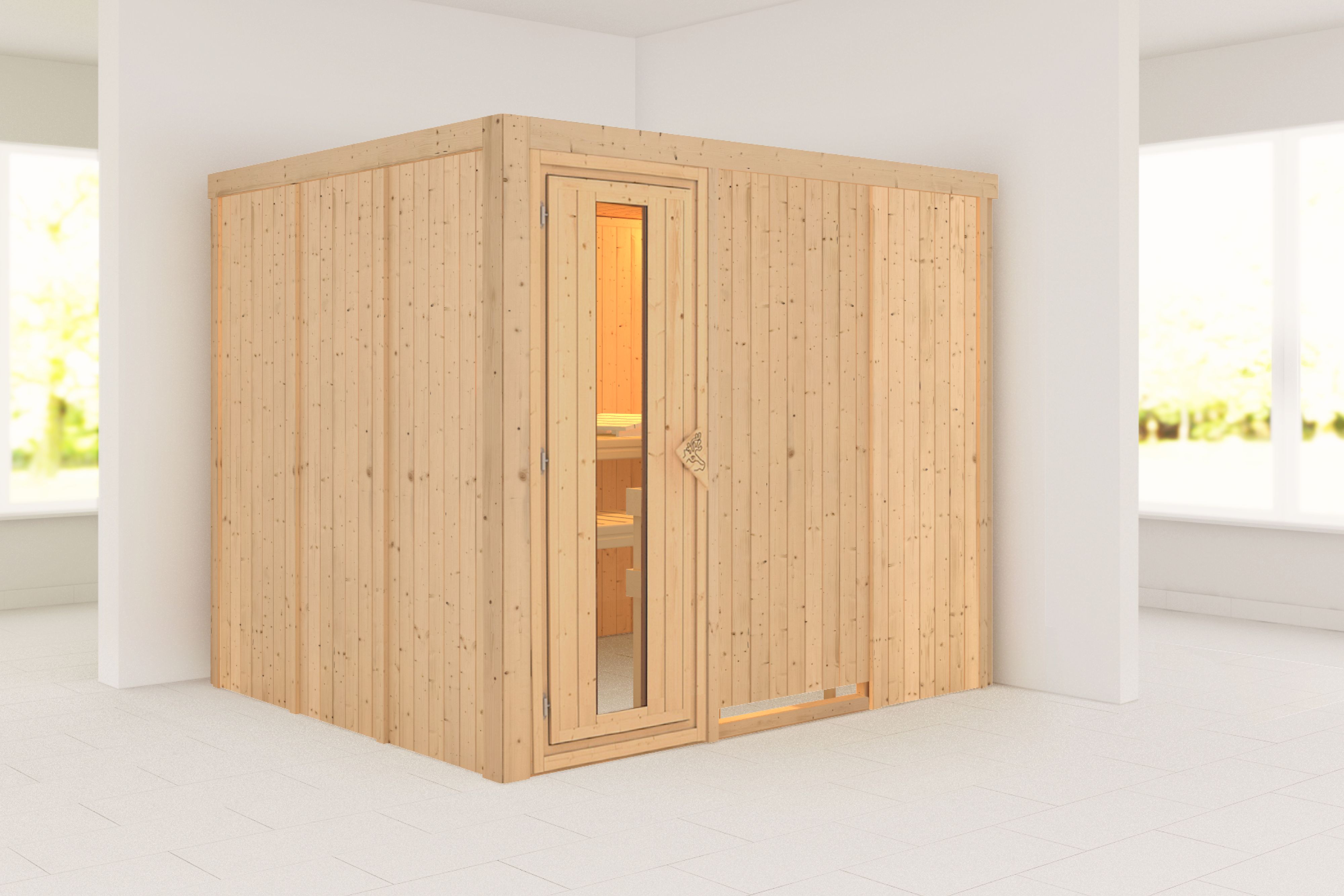 Außenansicht der Karibu Sauna Gobin aus nordischer Fichte mit isolierter Holztür und Fronteinstieg