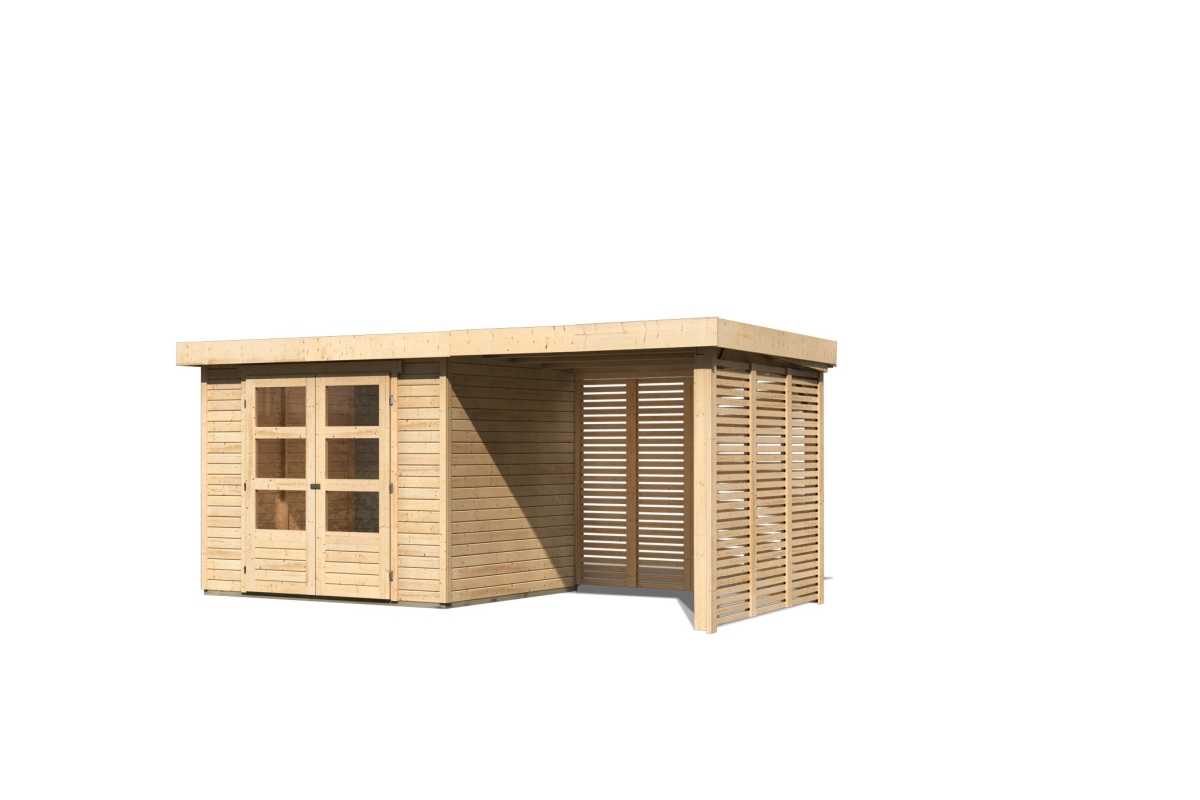 Karibu Gerätehaus Askola 3 in Naturbelassen und Anbaudach, Freisteller