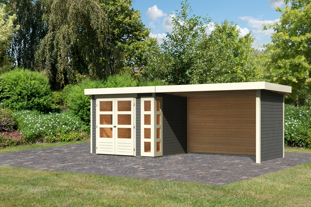 Karibu Gerätehaus Kerko 3 in Terragrau und Anbaudach, Außenansicht