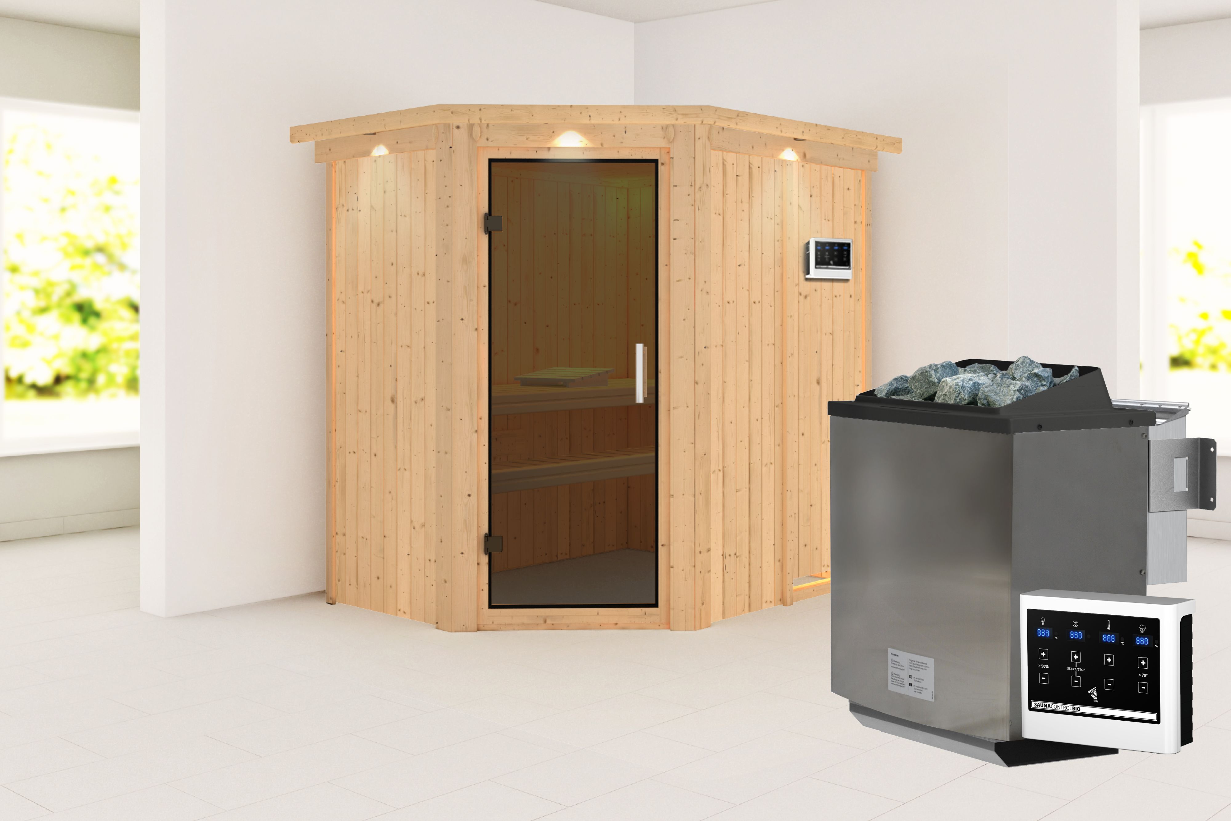 Außenansicht der Karibu Sauna Carin aus nordischer Fichte mit graphitfarbener Ganzglastür und Fronteinstieg