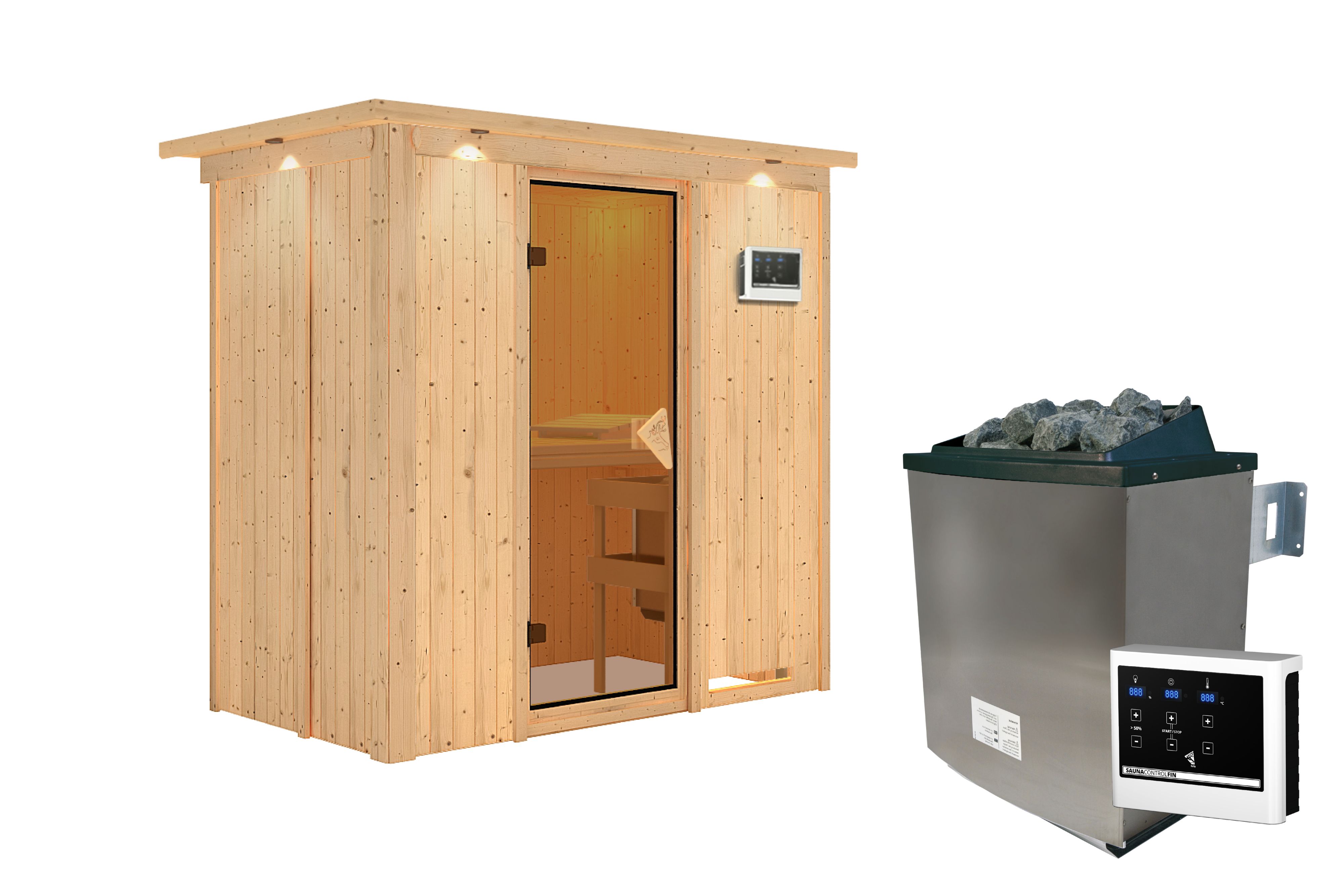 Innenansicht der Karibu Sauna Variado mit Liegen und Kopfstütze aus hellem Espenholz