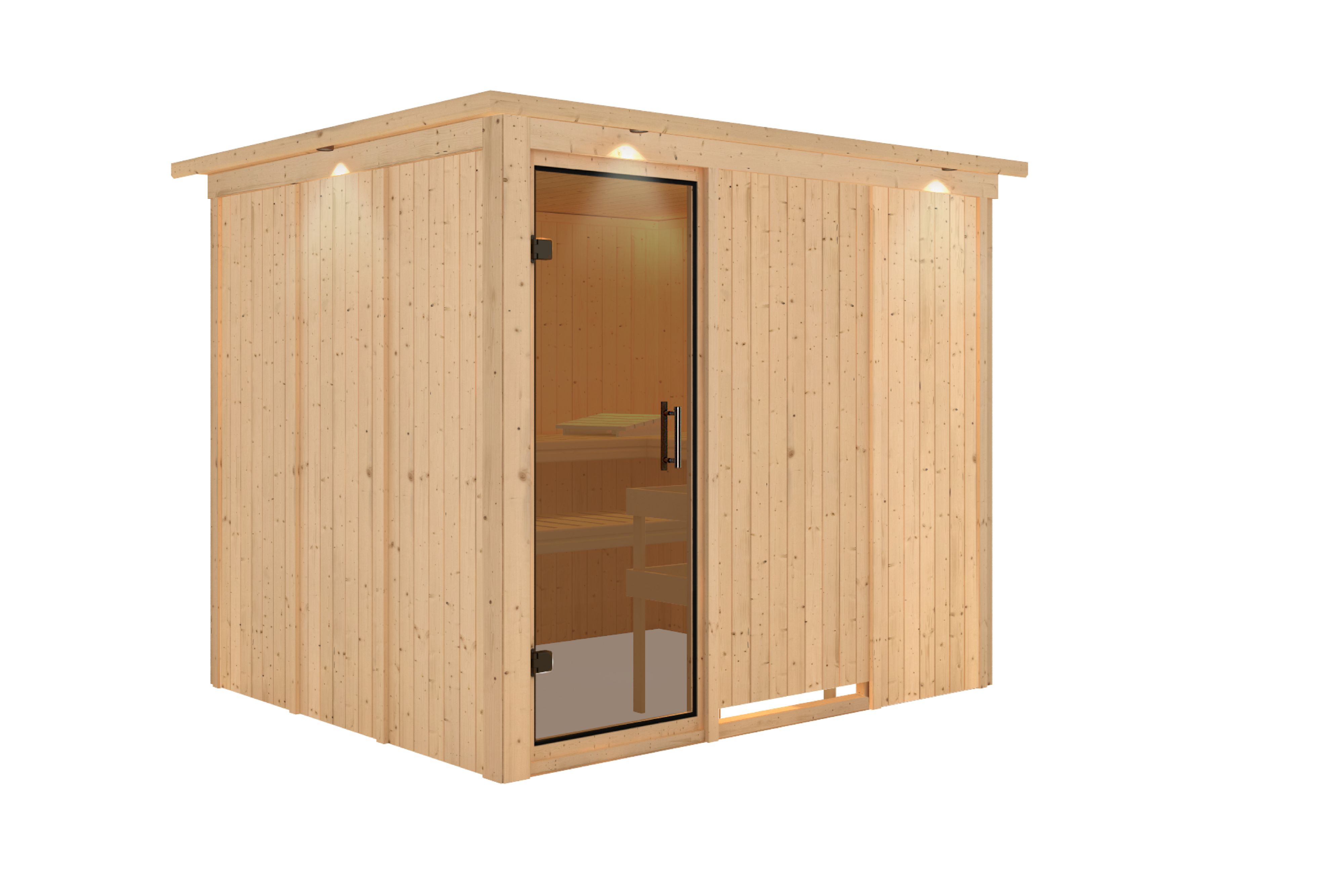 Innenansicht der Karibu Sauna Gobin mit Liegen und Kopfstütze aus hellem Espenholz