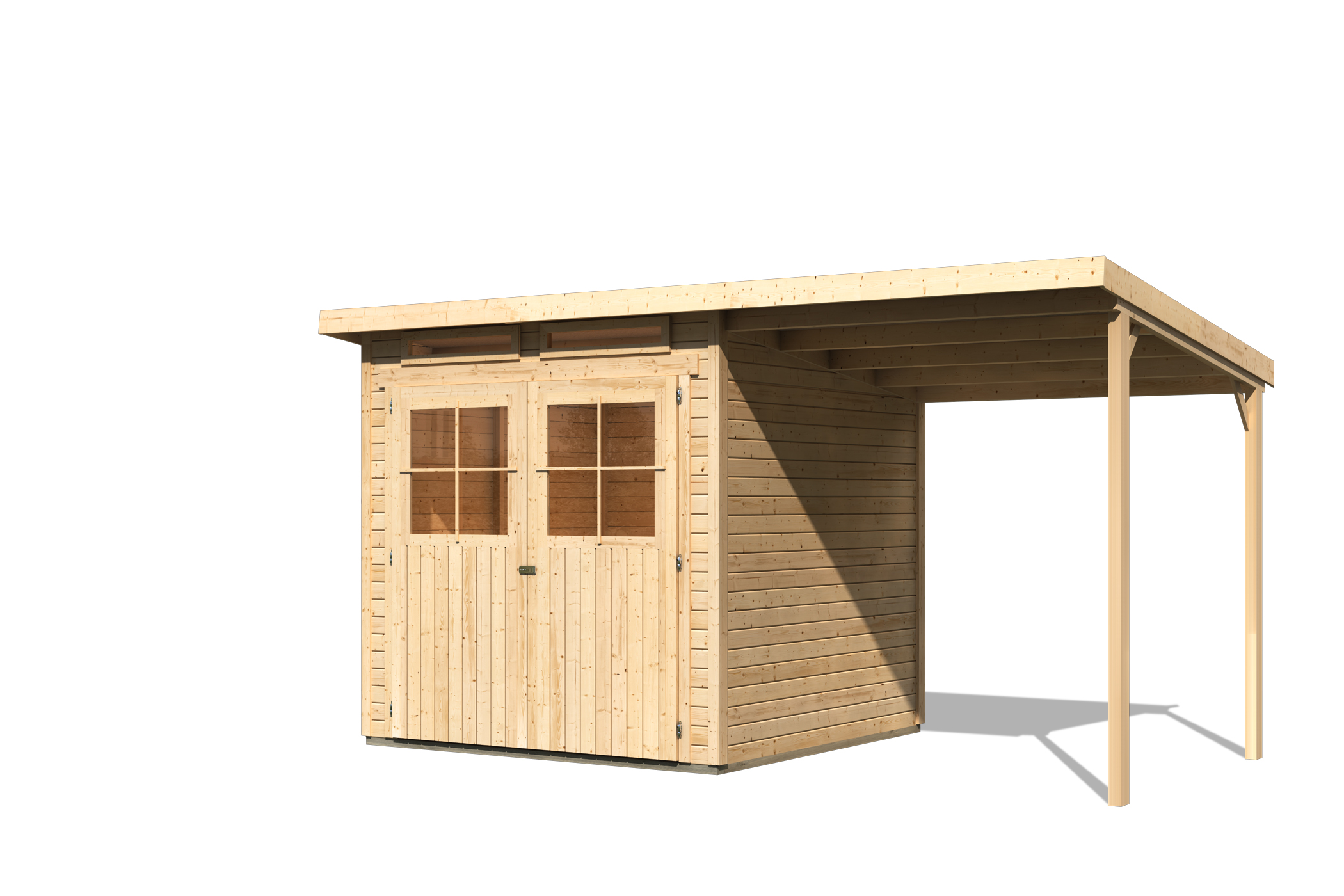 Karibu Gerätehaus Glücksburg 4 in Naturbelassen und Anbaudach, Freisteller