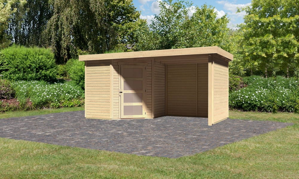 Karibu Gerätehaus Schwandorf 3 in Naturbelassen und Anbaudach, Außenansicht
