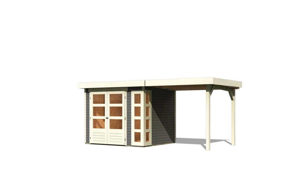 Karibu Gerätehaus Kerko 3 in Terragrau und Anbaudach, Freisteller