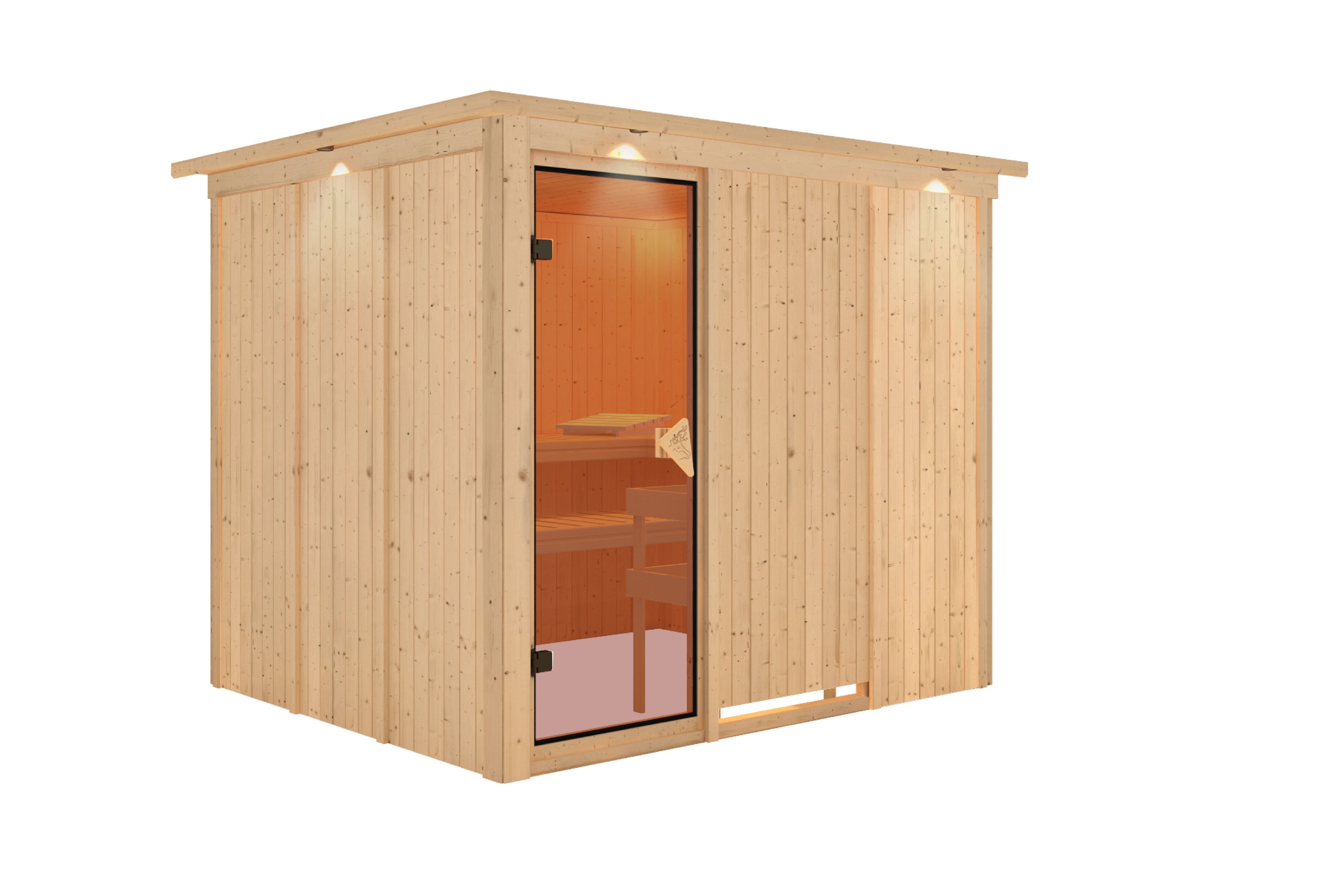 Innenansicht der Karibu Sauna Gobin mit Liegen und Kopfstütze aus hellem Espenholz
