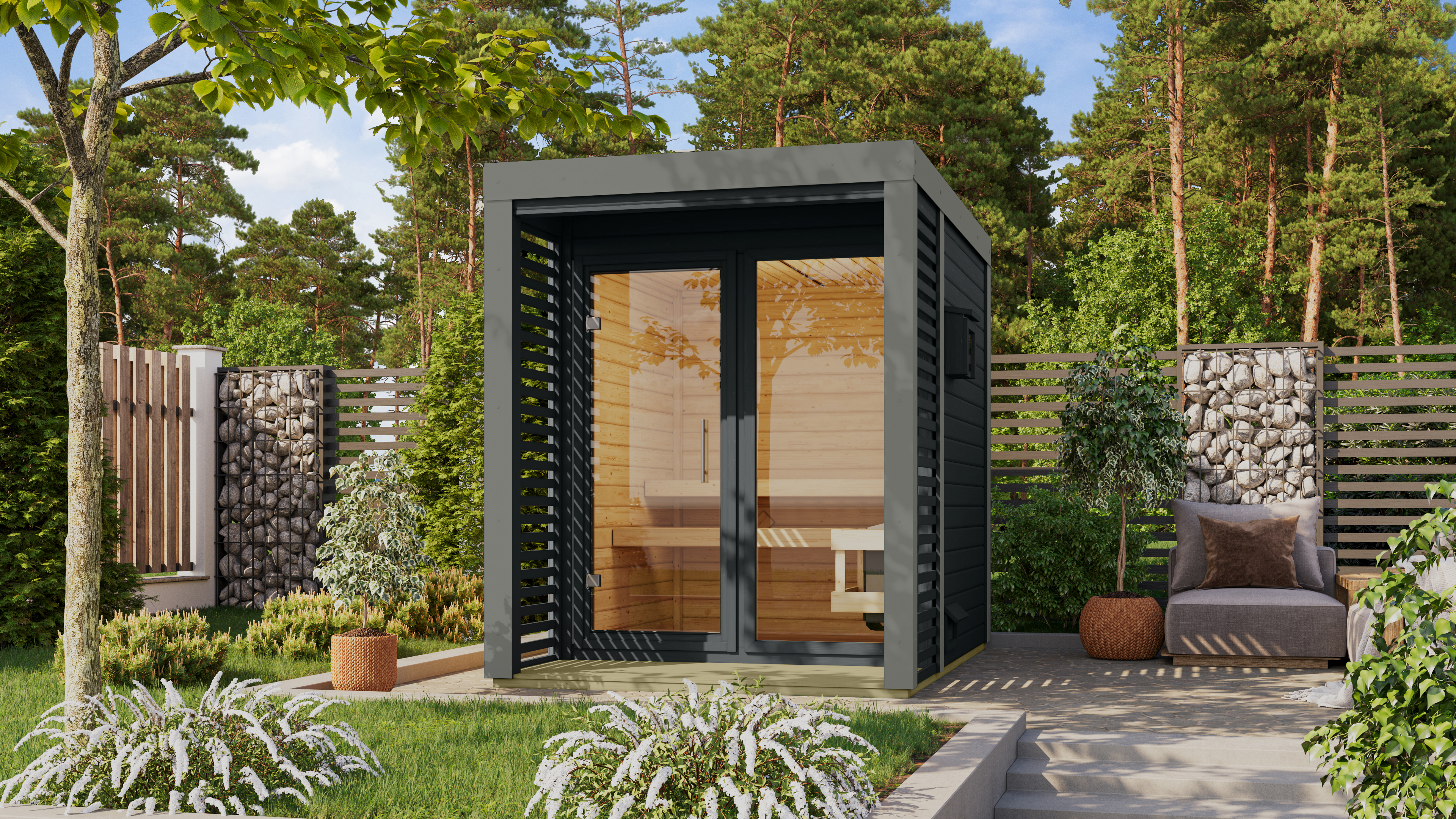 Saunahaus Ares 1 anthrazit / Metall: staubgrau / Lagerabverkauf
