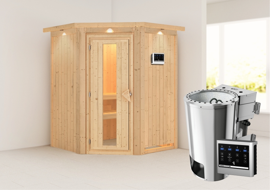 Außenansicht der Karibu Sauna Nanja aus nordischer Fichte mit isolierter Holztür und Fronteinstieg