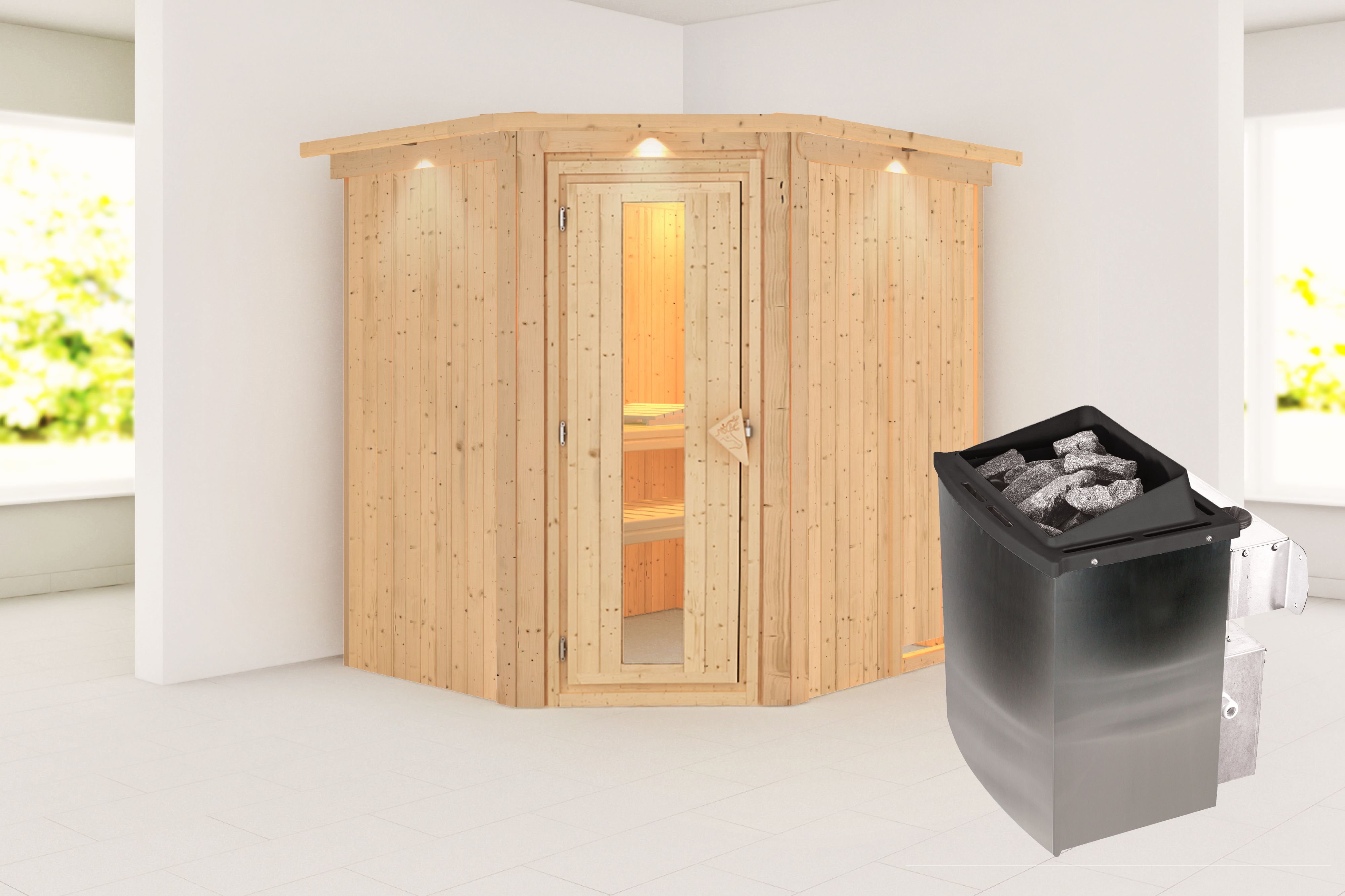 Außenansicht der Karibu Sauna Siirin aus nordischer Fichte mit isolierter Holztür und Fronteinstieg