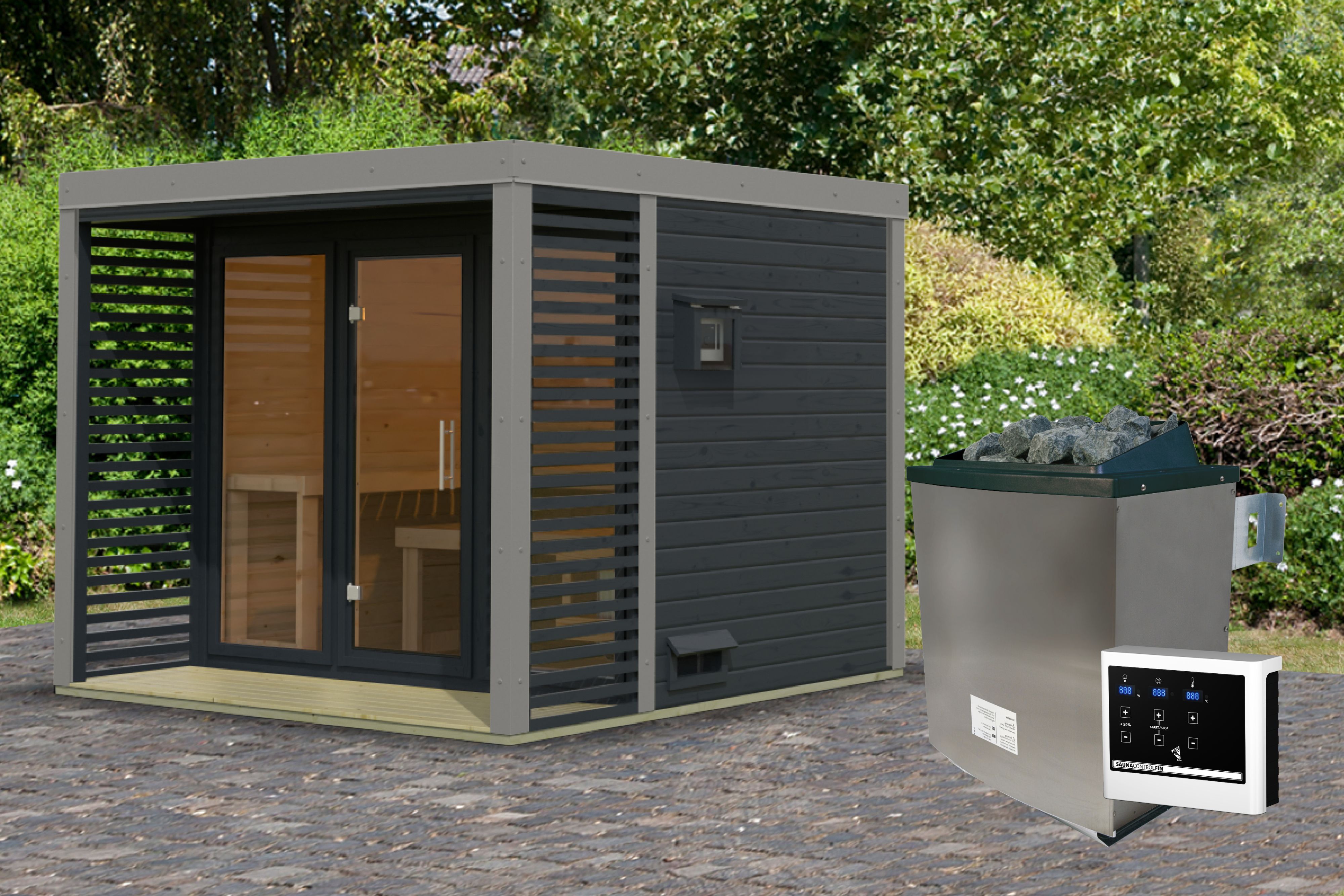 Karibu Saunahaus Ares 3 als Gartensauna aus Massivholz im Garten mit Glasfront